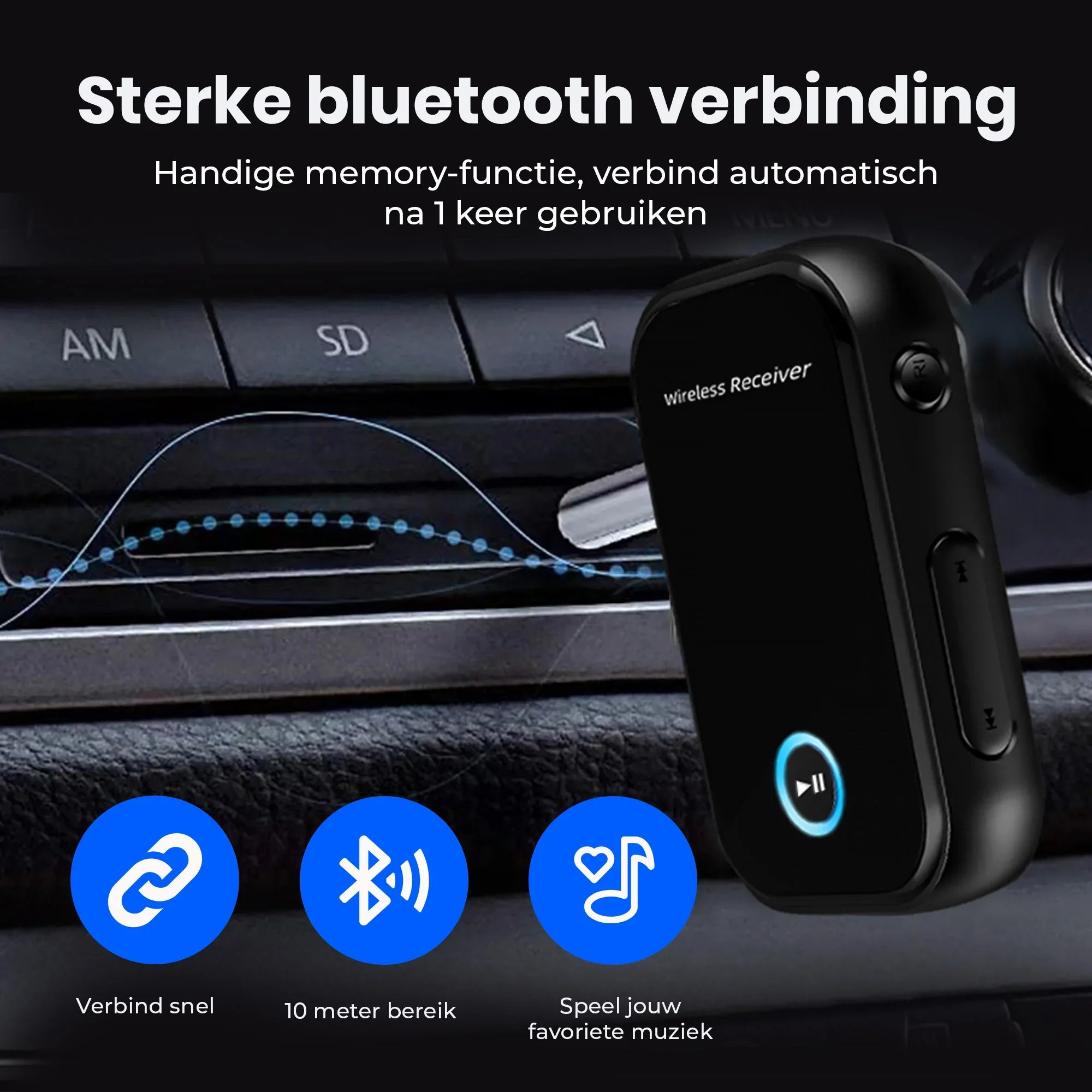 Black car Bluetooth receiver with play button and connection icons.