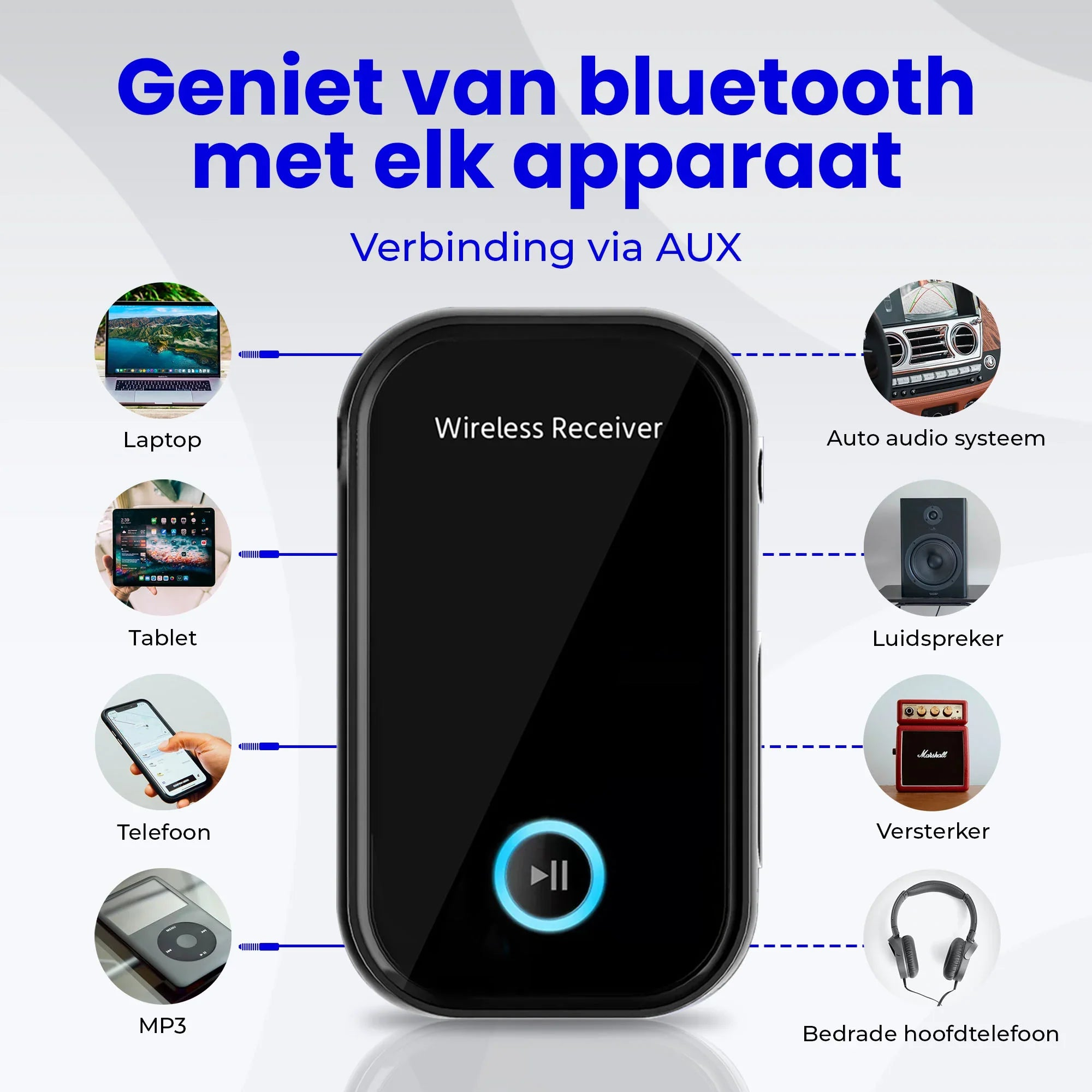 A black Bluetooth receiver connecting to laptop, tablet, phone, MP3, car, speaker, amplifier, headphones.