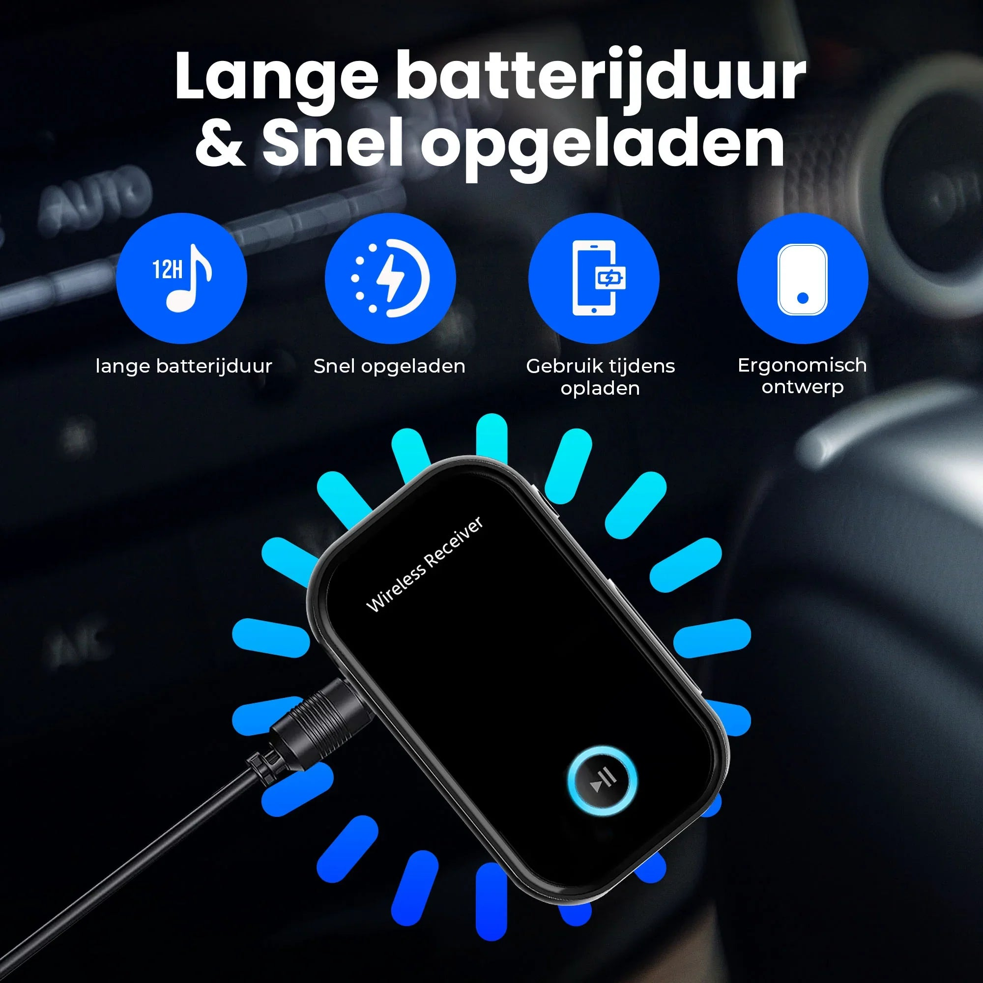 Wireless receiver with long battery life, fast charging, and ergonomic design.