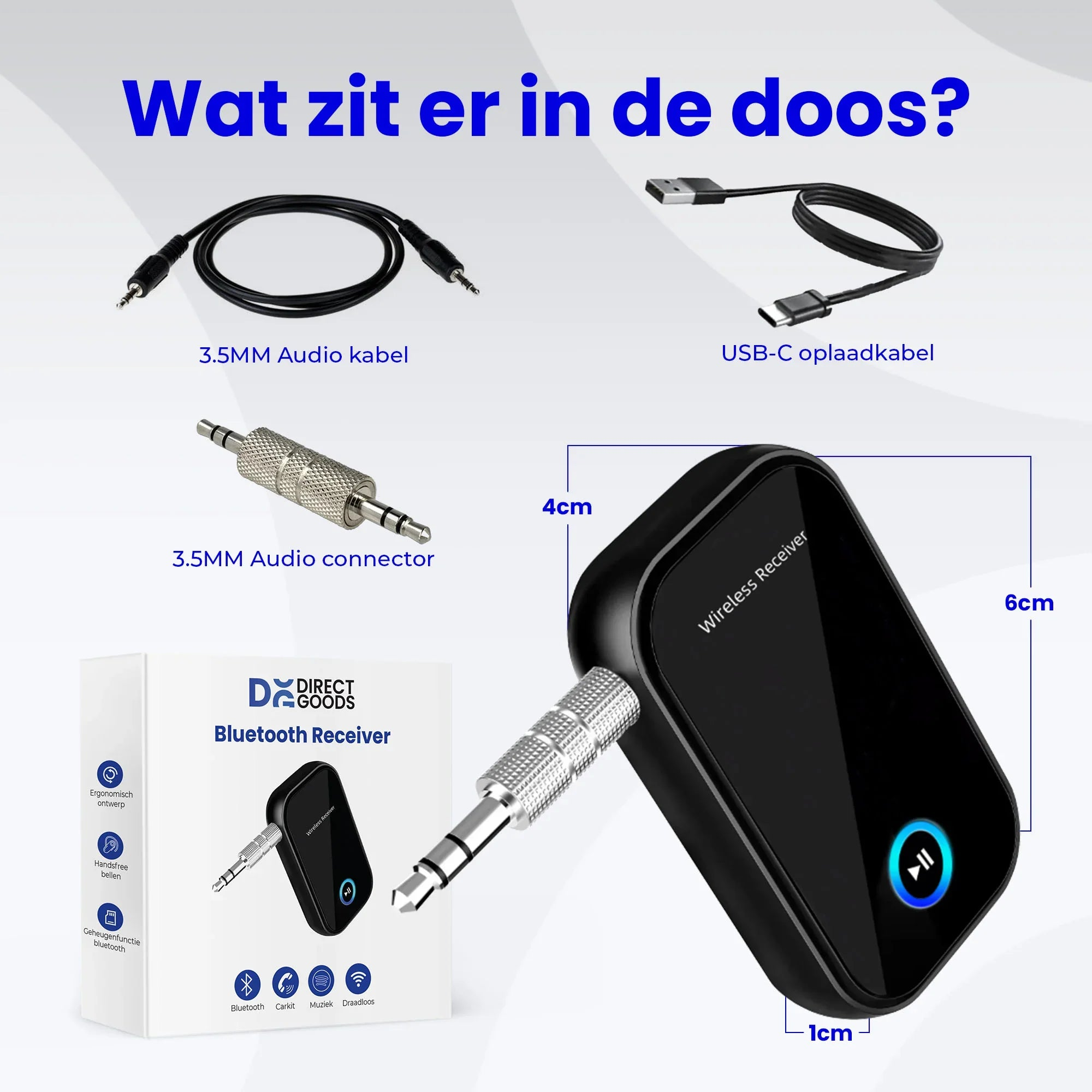 Box contents: Bluetooth receiver with cables and connectors.
