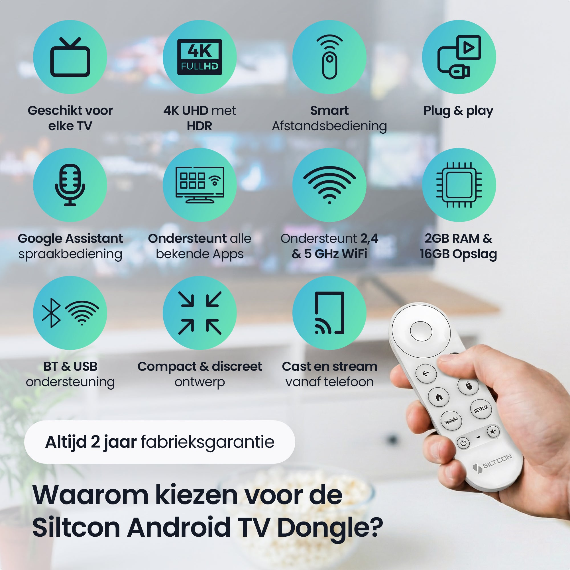 Product overview of the Siltcon Android TV Dongle with remote.