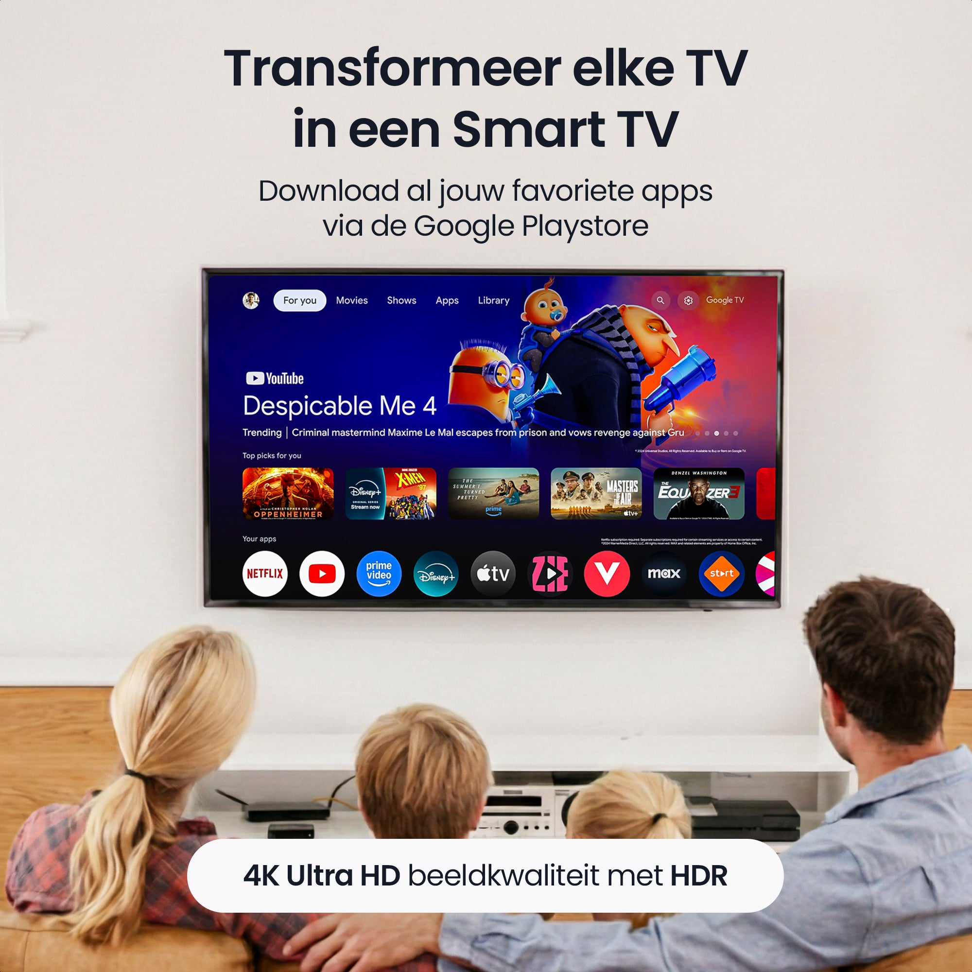 Family watches a smart TV displaying movies and apps, with text "4K Ultra HD".