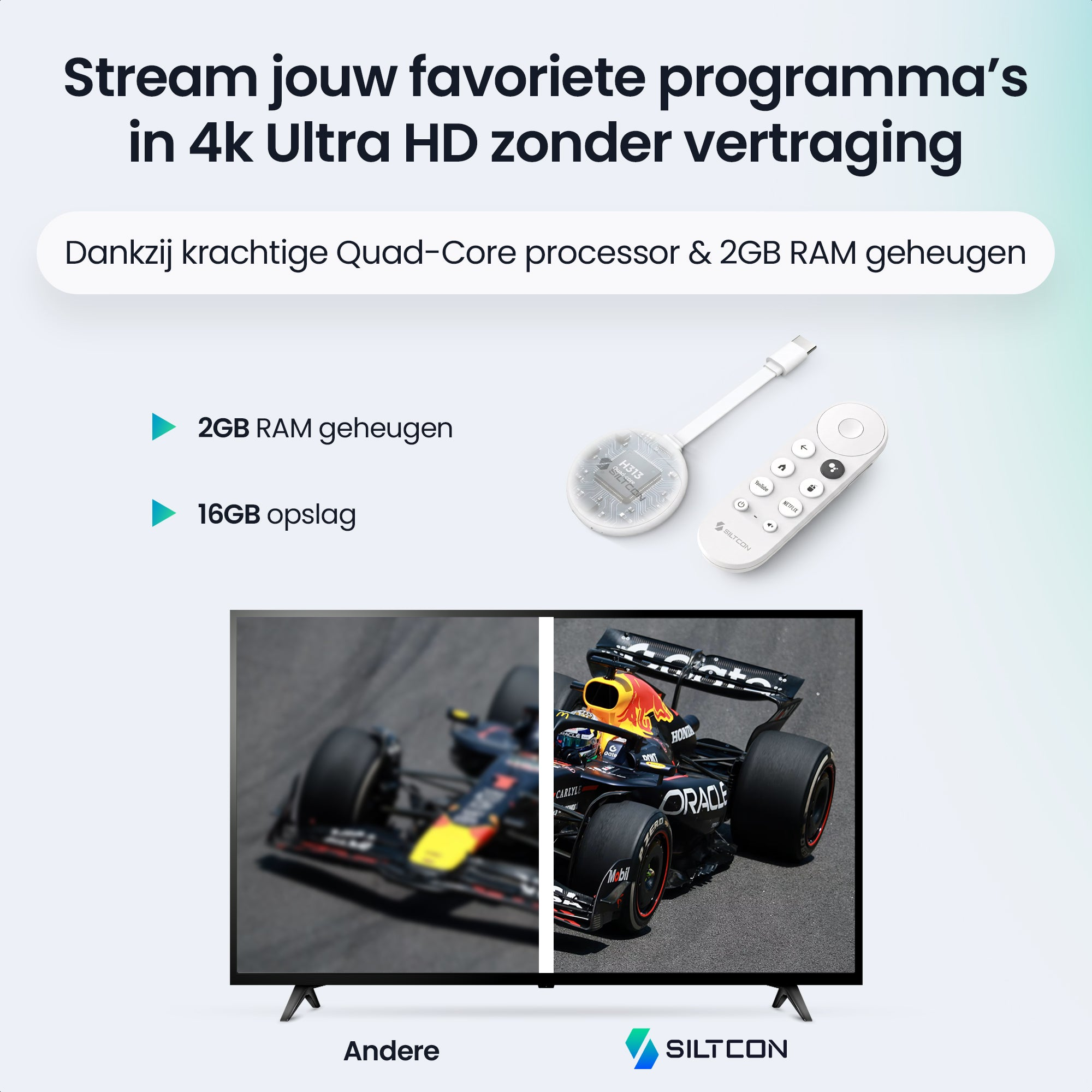 A 4K race car on a TV, next to a streaming device and remote control.