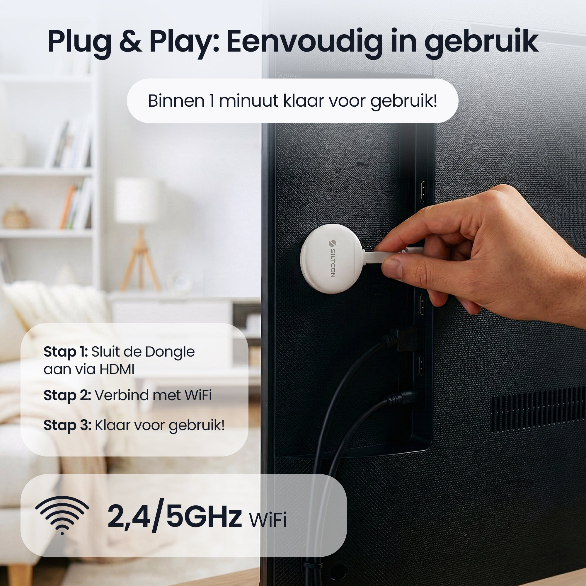 A white dongle is plugged into a TV's HDMI port. 2.4/5GHz WiFi.
