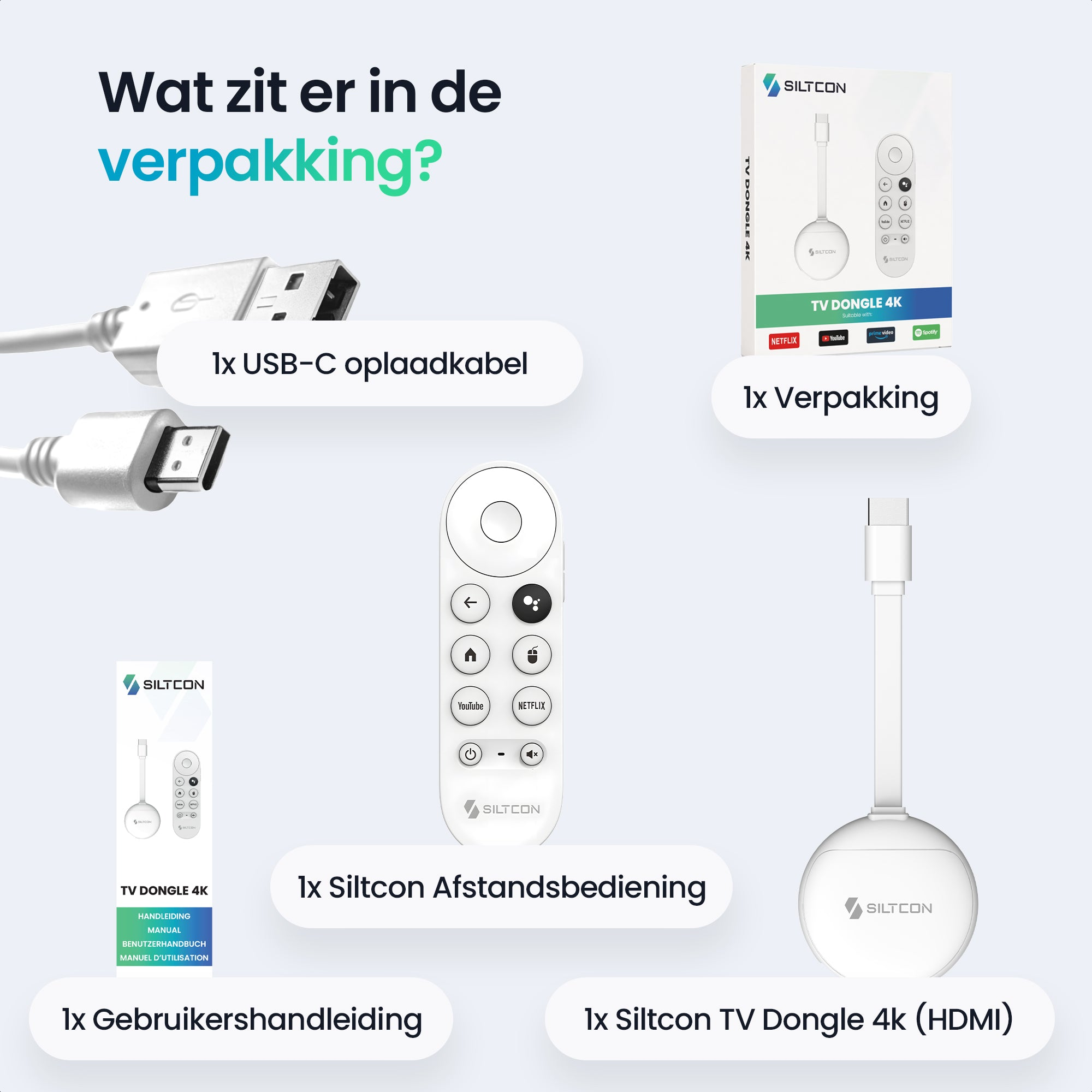 Product overview: Charging cable, remote, manual, packaging, and TV dongle.