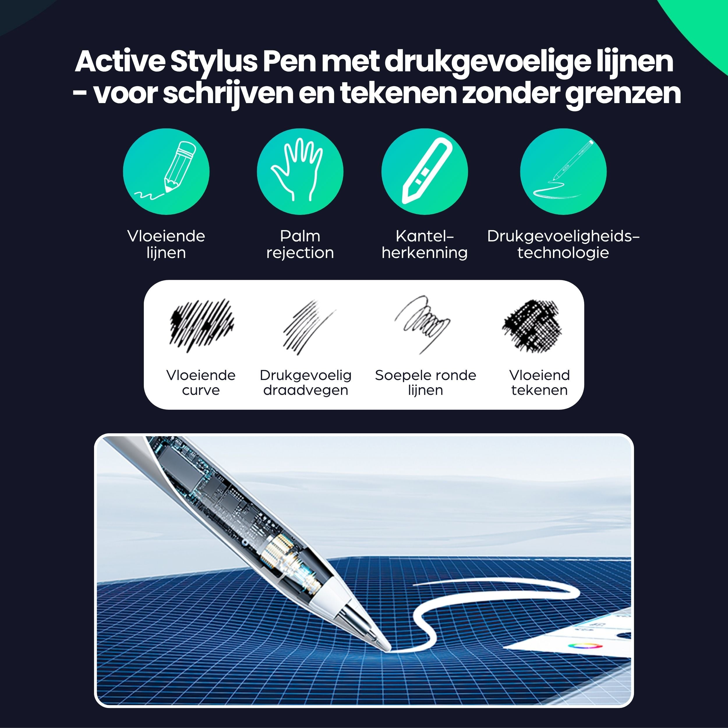 Active stylus with pressure-sensitive lines, palm rejection, and tilt recognition.