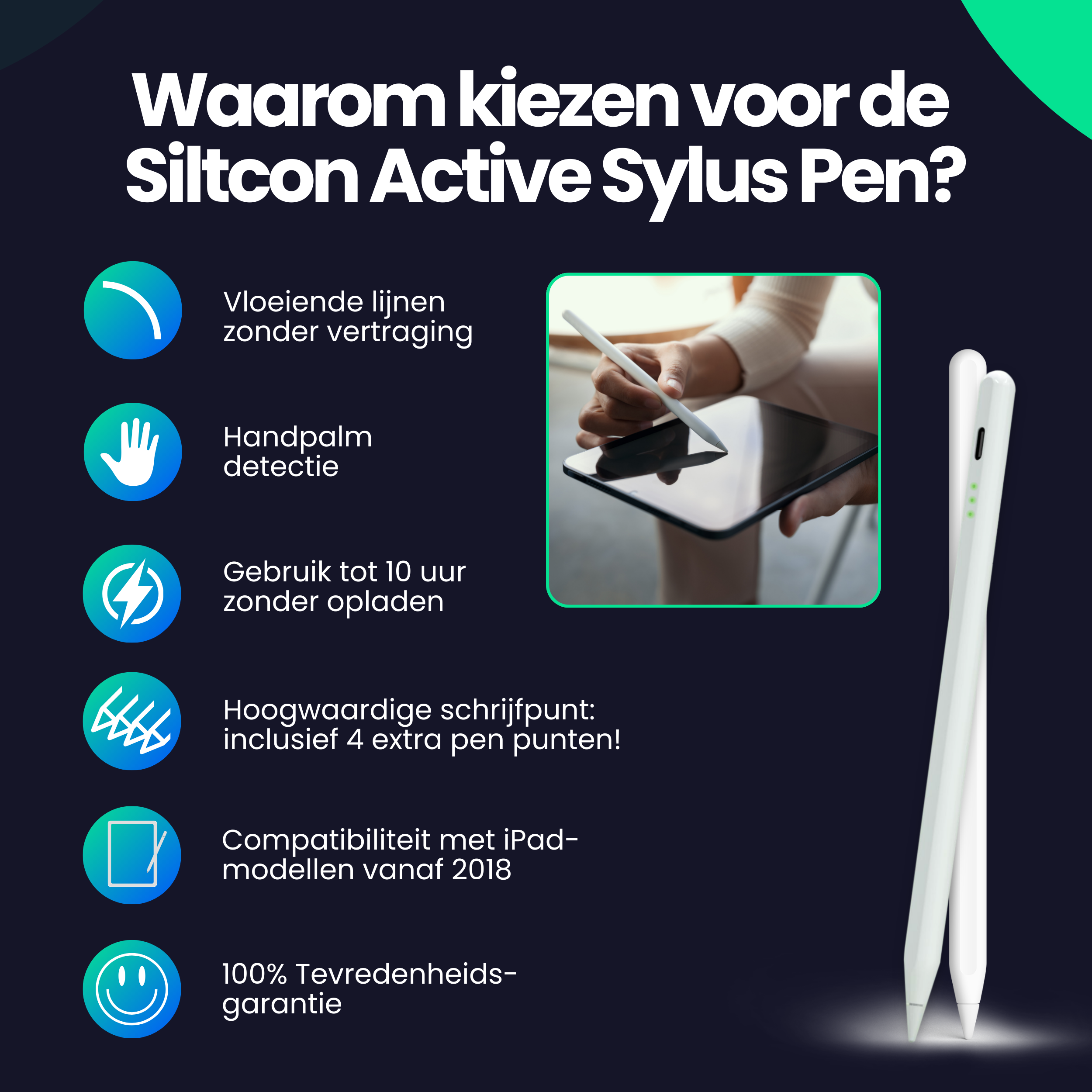 A tablet pen is used to operate a tablet. Icons are shown.