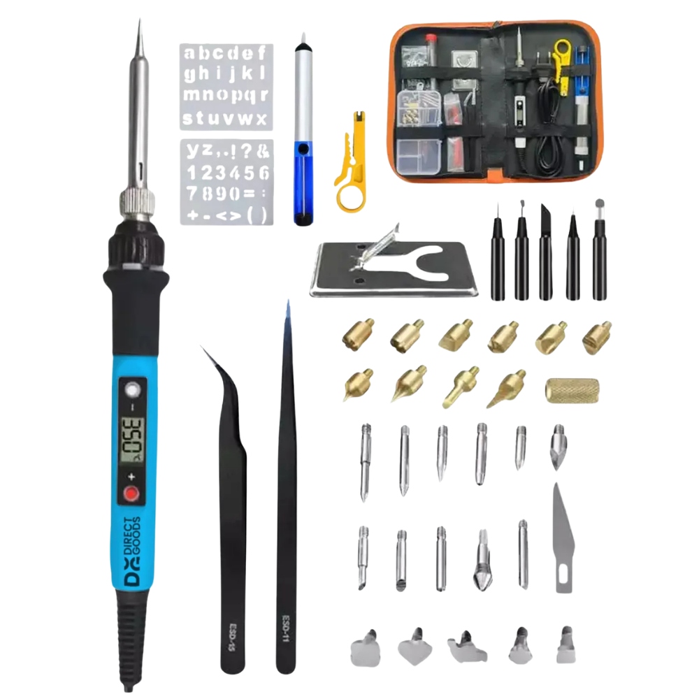 Een soldeerkit met soldeerbout, punten, pincetten, standaard en draagtas.