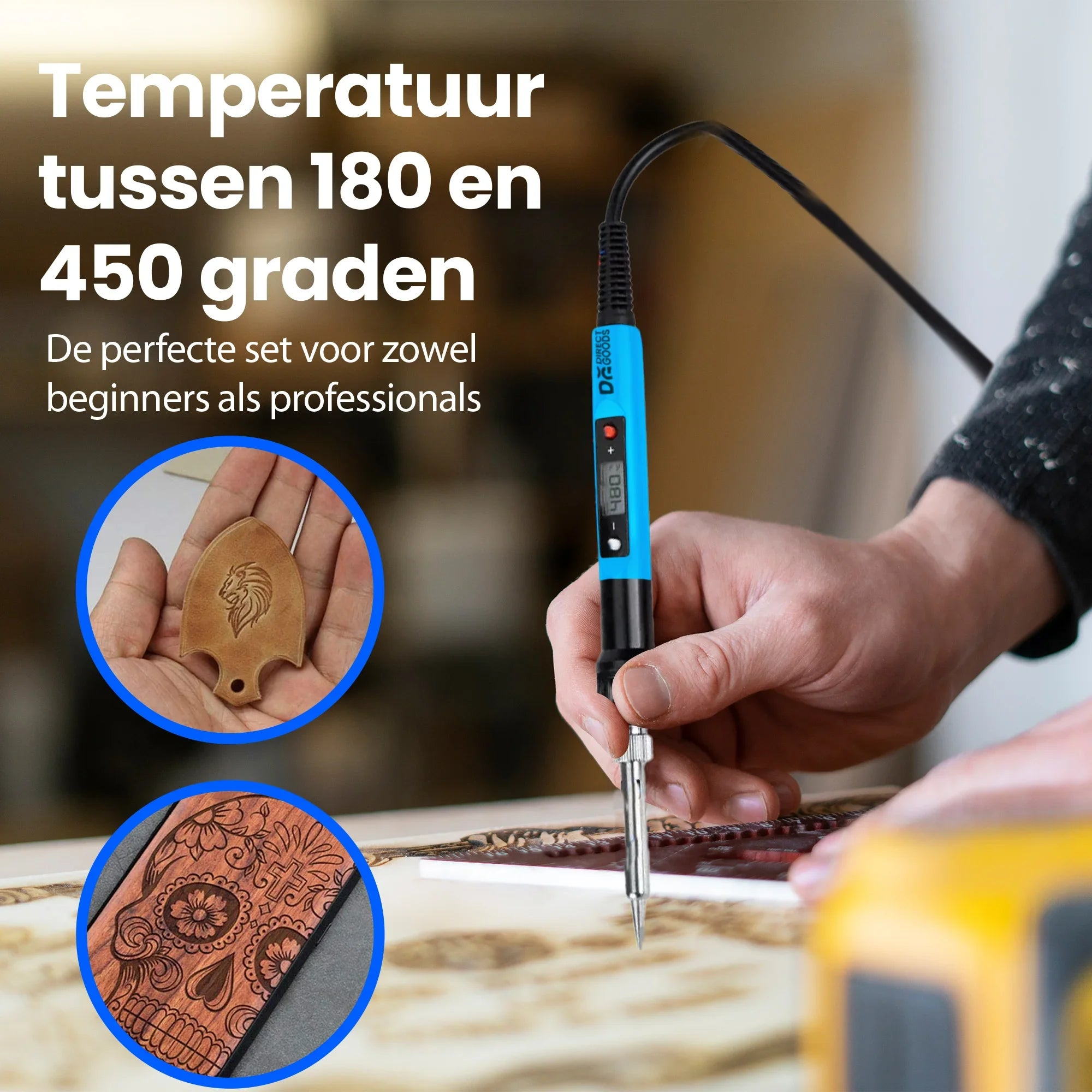 Persoon gebruikt blauw soldeerapparaat met digitale temperatuurweergave, graverend hout.