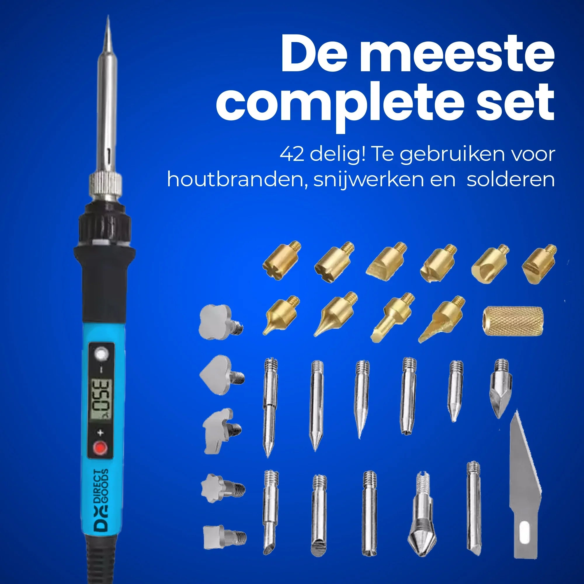 Een gereedschapsset met soldeerbout en diverse punten op blauwe achtergrond.