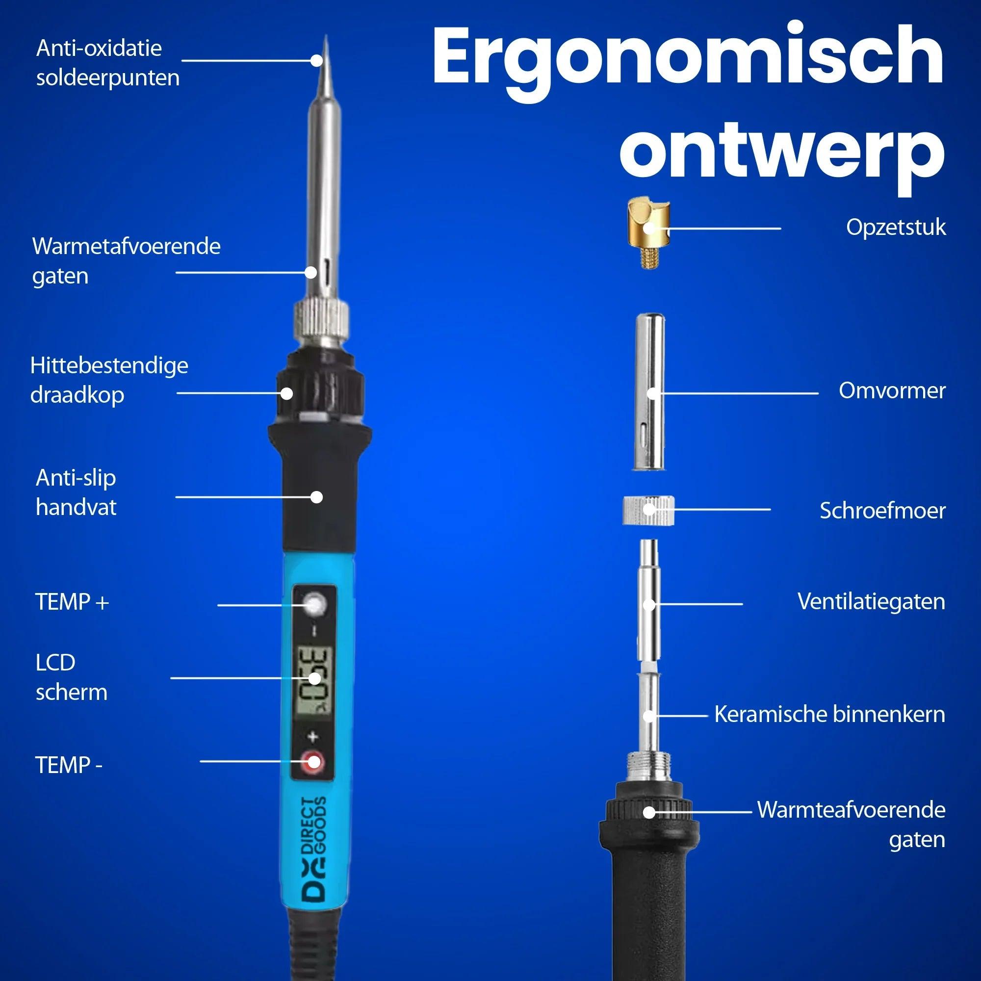 Een soldeerbout met LCD-scherm en diverse afneembare onderdelen, gelabeld op een blauwe achtergrond.