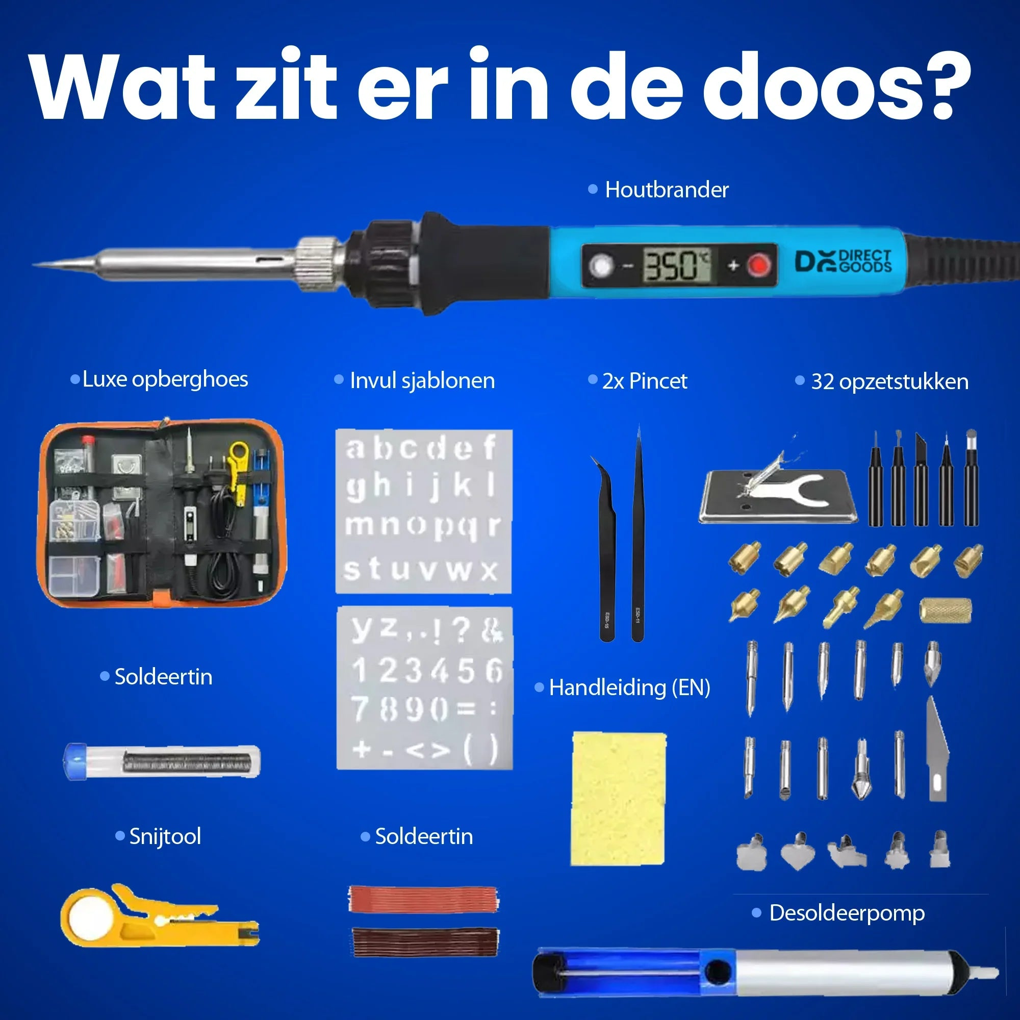 Een soldeerboutset met gereedschap, opberghoes, pincetten, soldeer en handleiding.