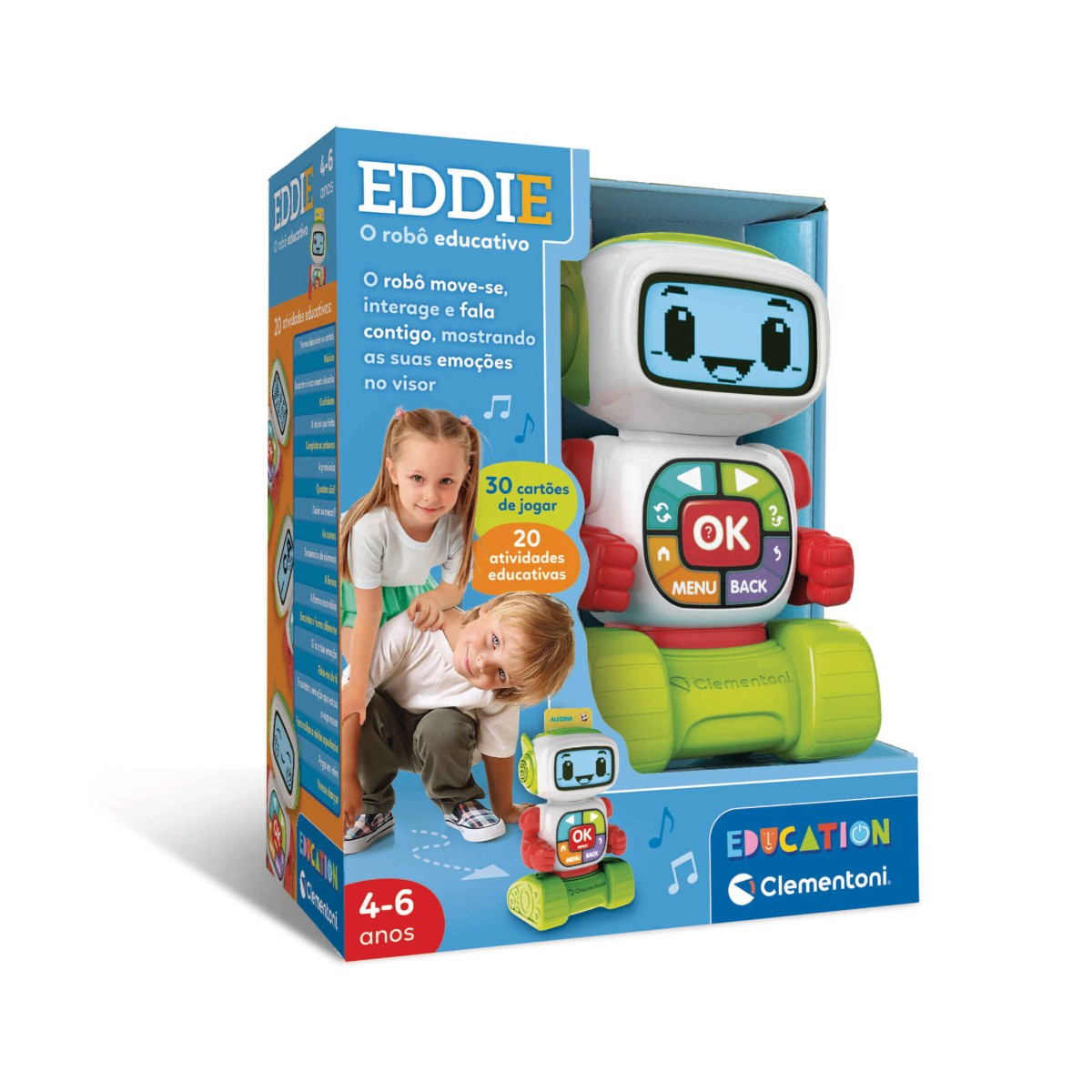 Scatola del robot educativo EDDIE con bambini e carte da gioco. Verde, bianco, rosso.