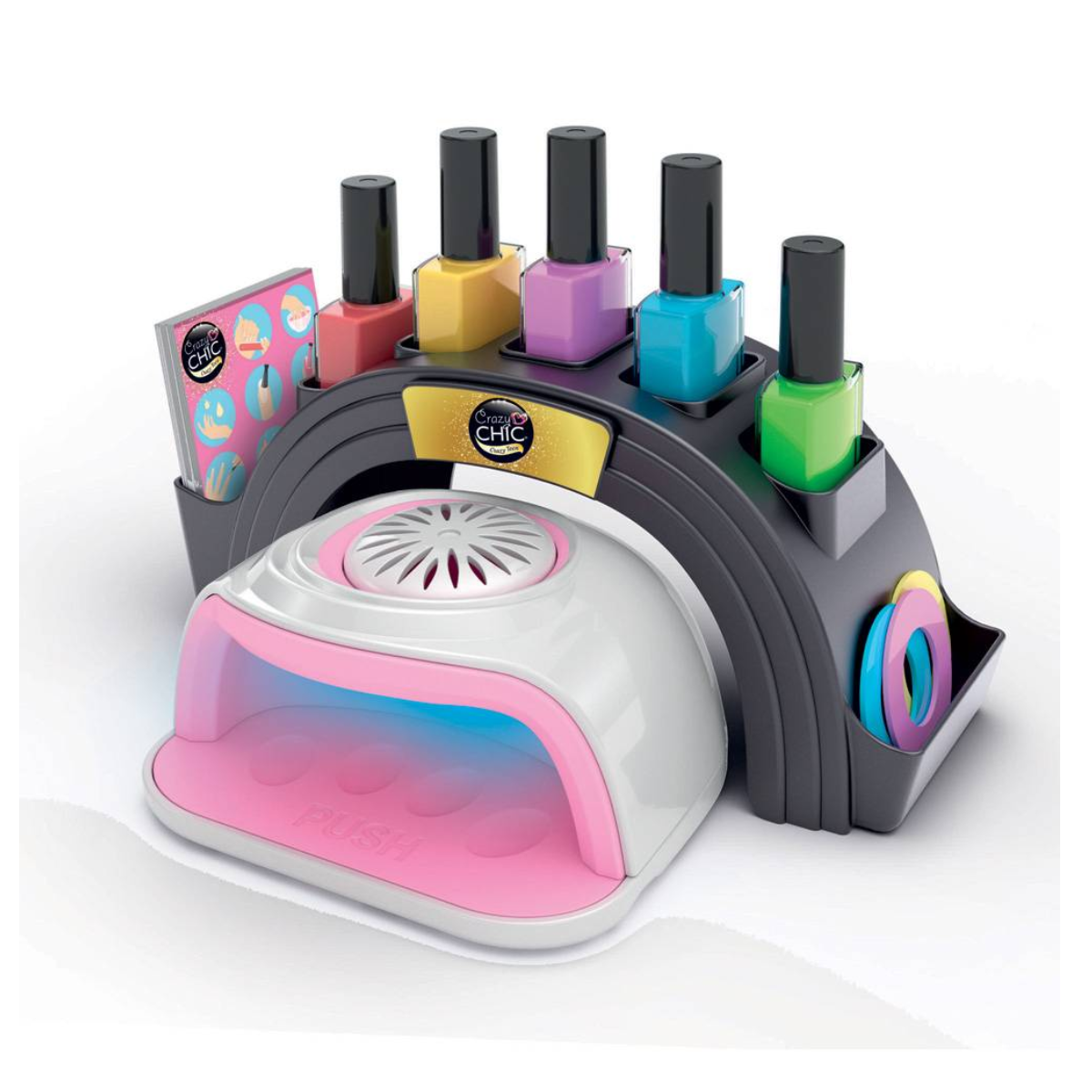 Un set di smalti con lampada UV, smalti colorati e accessori.
