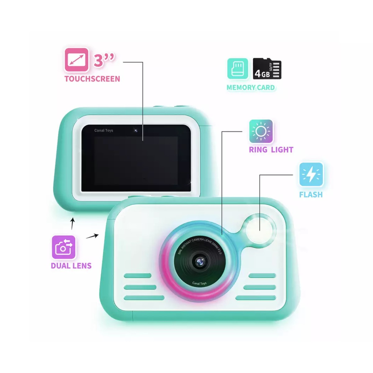Fotocamera per bambini con touchscreen, doppio obiettivo, luce anulare e flash.