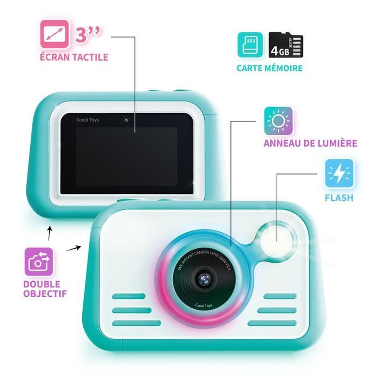 Fotocamera per bambini turchese e bianca con touchscreen, doppio obiettivo, anello luminoso.