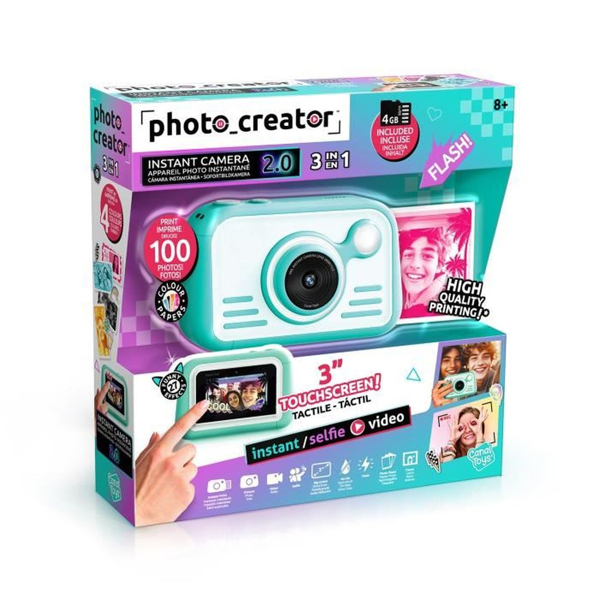 Scatola per una fotocamera istantanea turchese e bianca, con 3 in 1, 2.0, 4 GB e touchscreen.