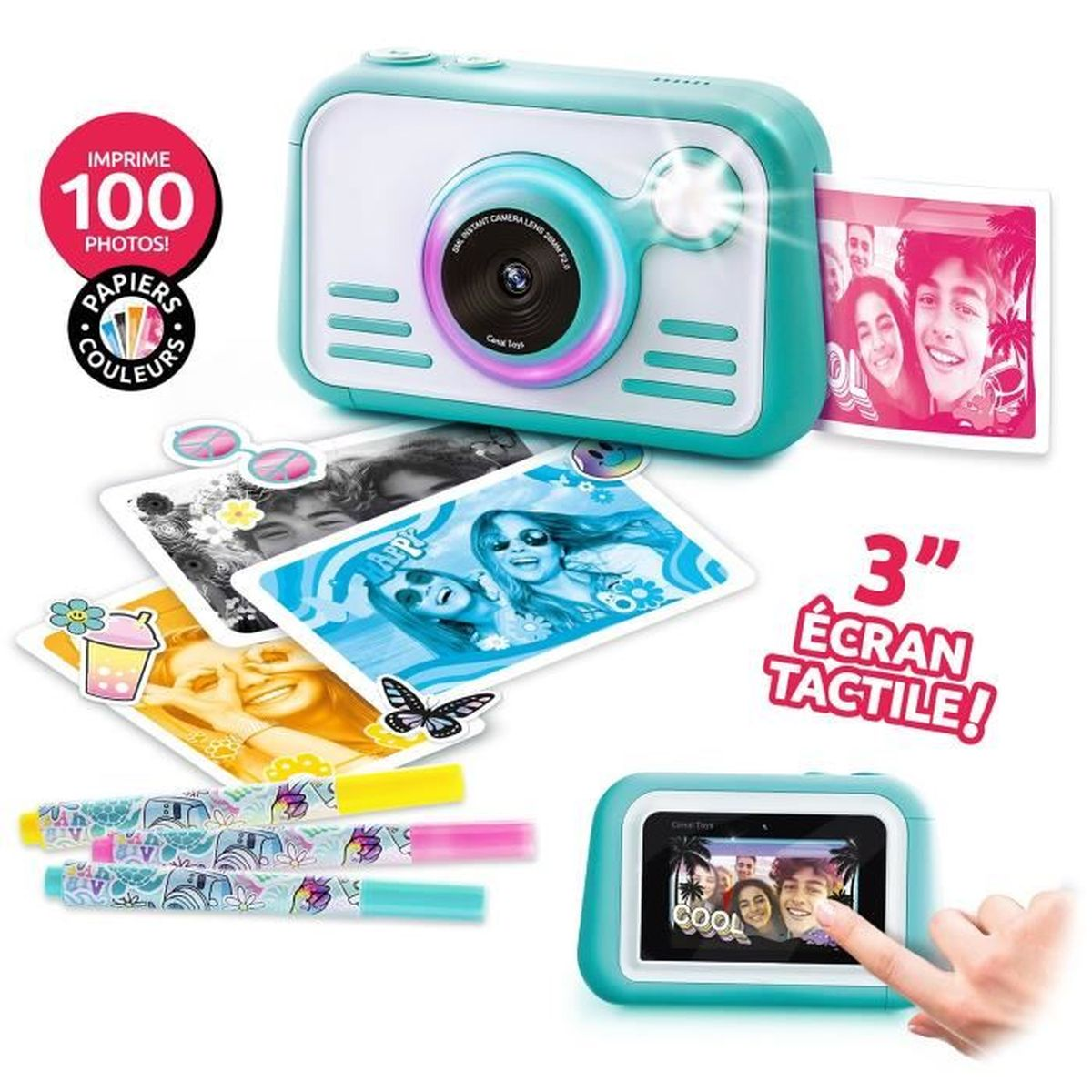 Fotocamera istantanea turchese con foto stampate e pennarelli. Include 100 foto, carta colorata, touchscreen da 3".