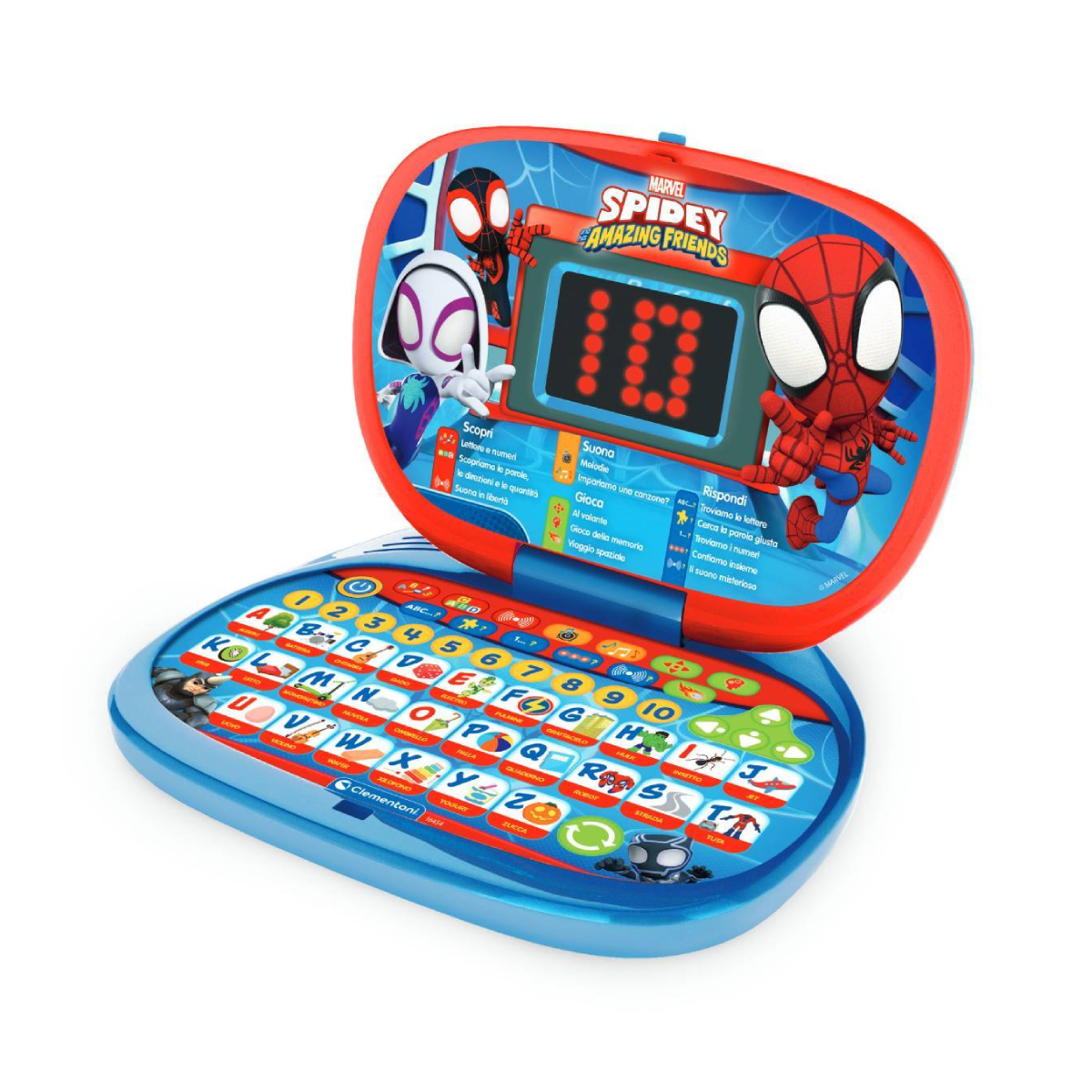 Un laptop giocattolo blu e rosso con Spidey e amici, tastiera e schermo.