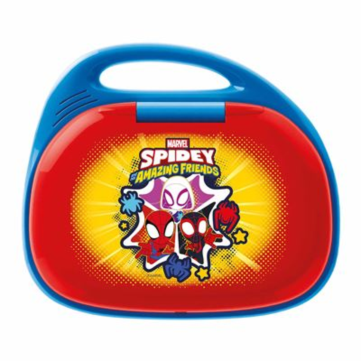 Computer portatile giocattolo blu e rosso con i personaggi di Spidey e i suoi amici incredibili.
