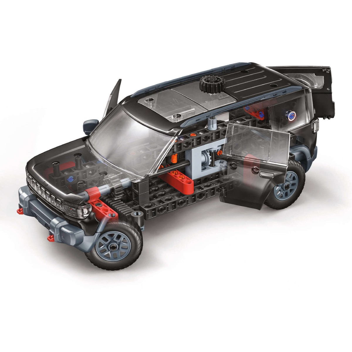 Kit SUV trasparente con motore e porte aperte, che mostra i meccanismi interni.