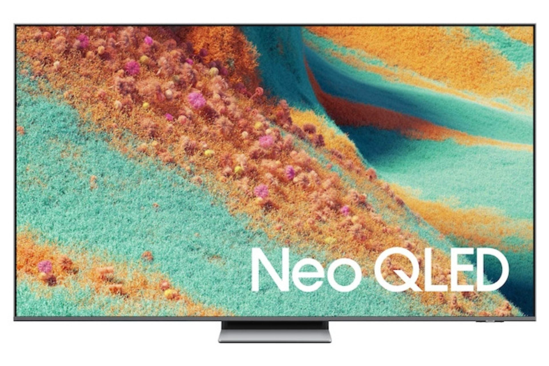 Een moderne televisie met een abstracte, kleurrijke achtergrond en de tekst Neo QLED.