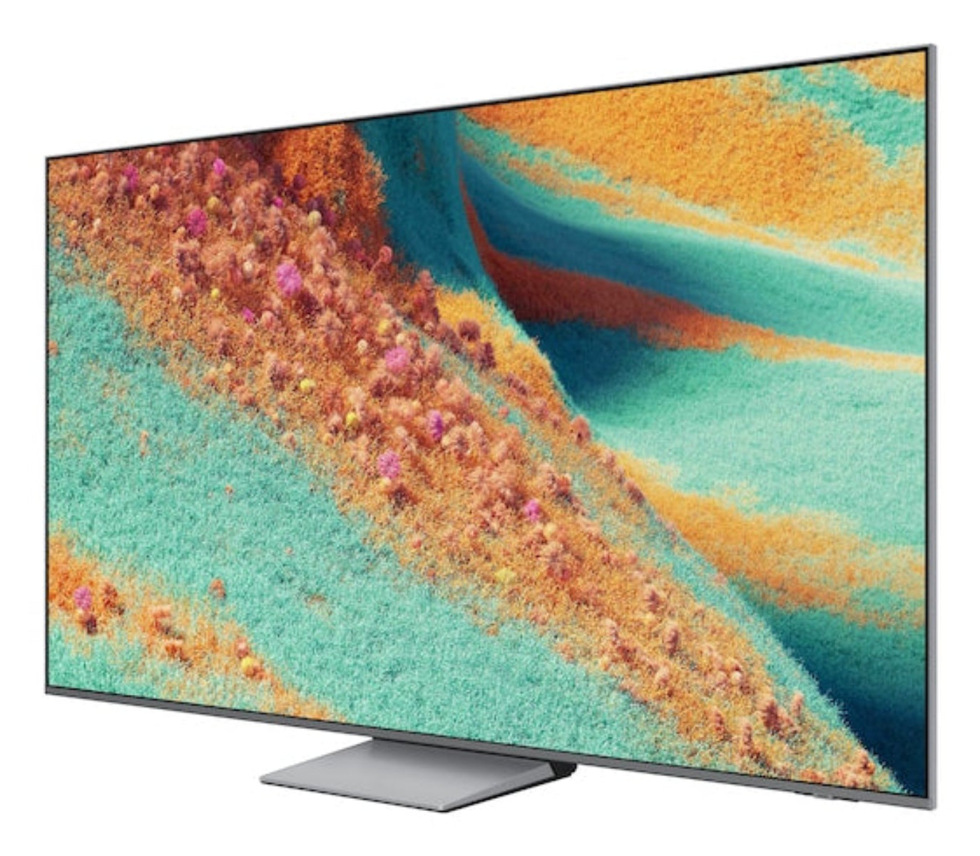 Een moderne televisie toont een levendig, abstract beeld van kleurrijke, getextureerde heuvels in turquoise en oranje.