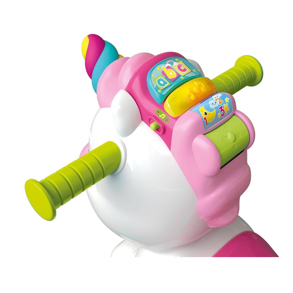 Giocattolo unicorno rosa con manici verdi e pulsanti ABC.