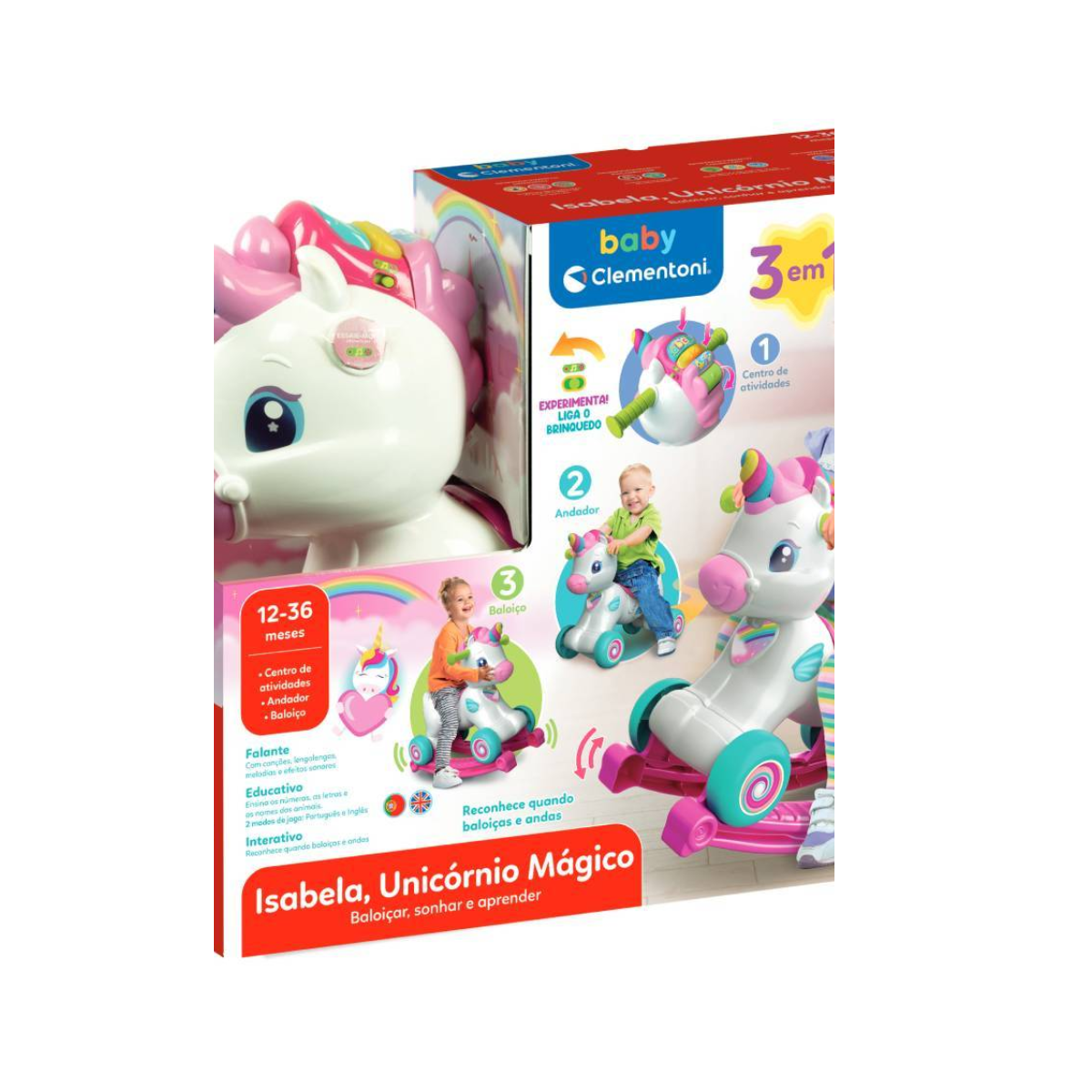 Un unicorno giocattolo per bambini che dondola e cammina. Scatola con informazioni sul prodotto.
