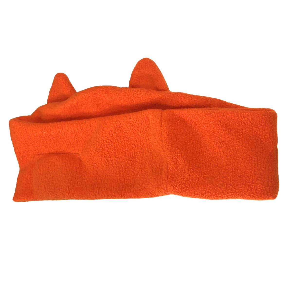 Ein orangefarbener Fleece-Schal mit Fuchsohren und einer Tasche.