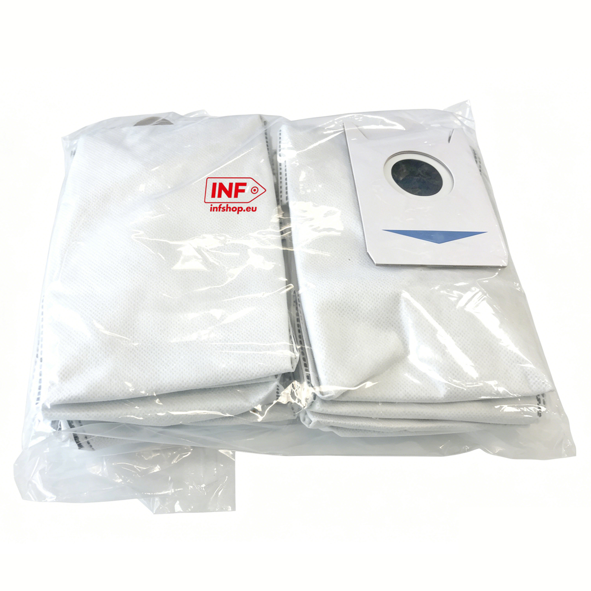 Ein Paket mit weißen Staubsaugerbeuteln, einige mit dem Infshop-Logo.