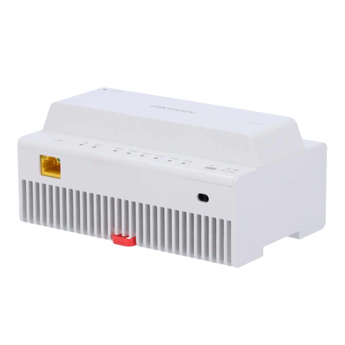 Dispositivo Hikvision bianco con porta LAN, fessure di ventilazione e leva rossa.
