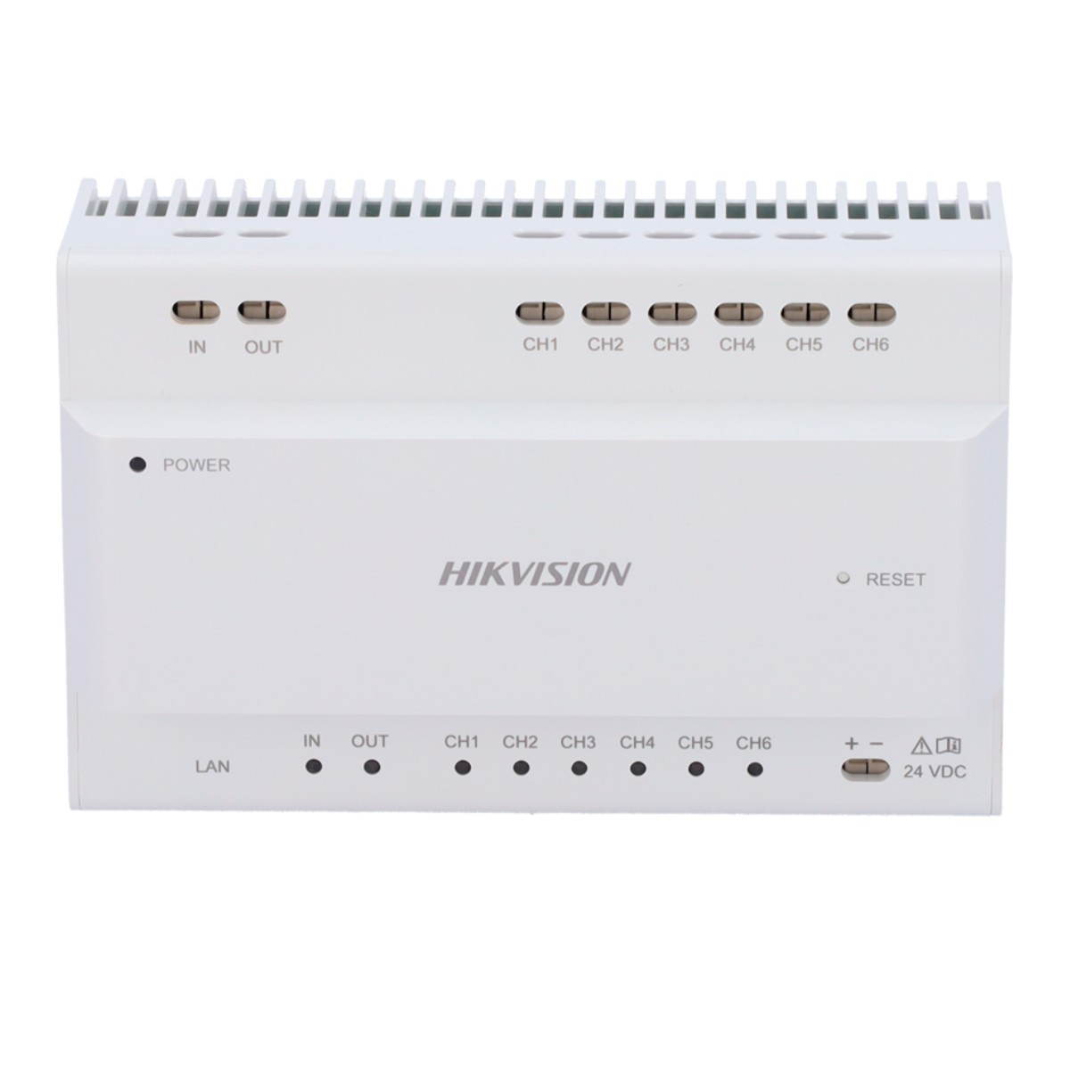 Dispositivo Hikvision bianco con porte LAN, In, Out e sei canali.