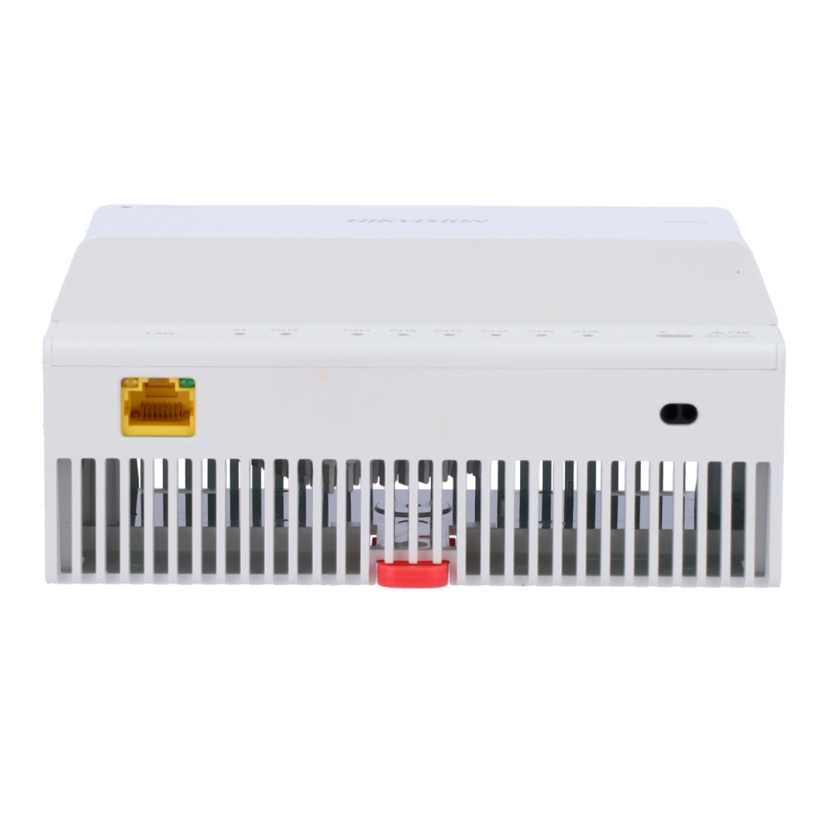 Un dispositivo bianco con porta LAN gialla e fessure di ventilazione.