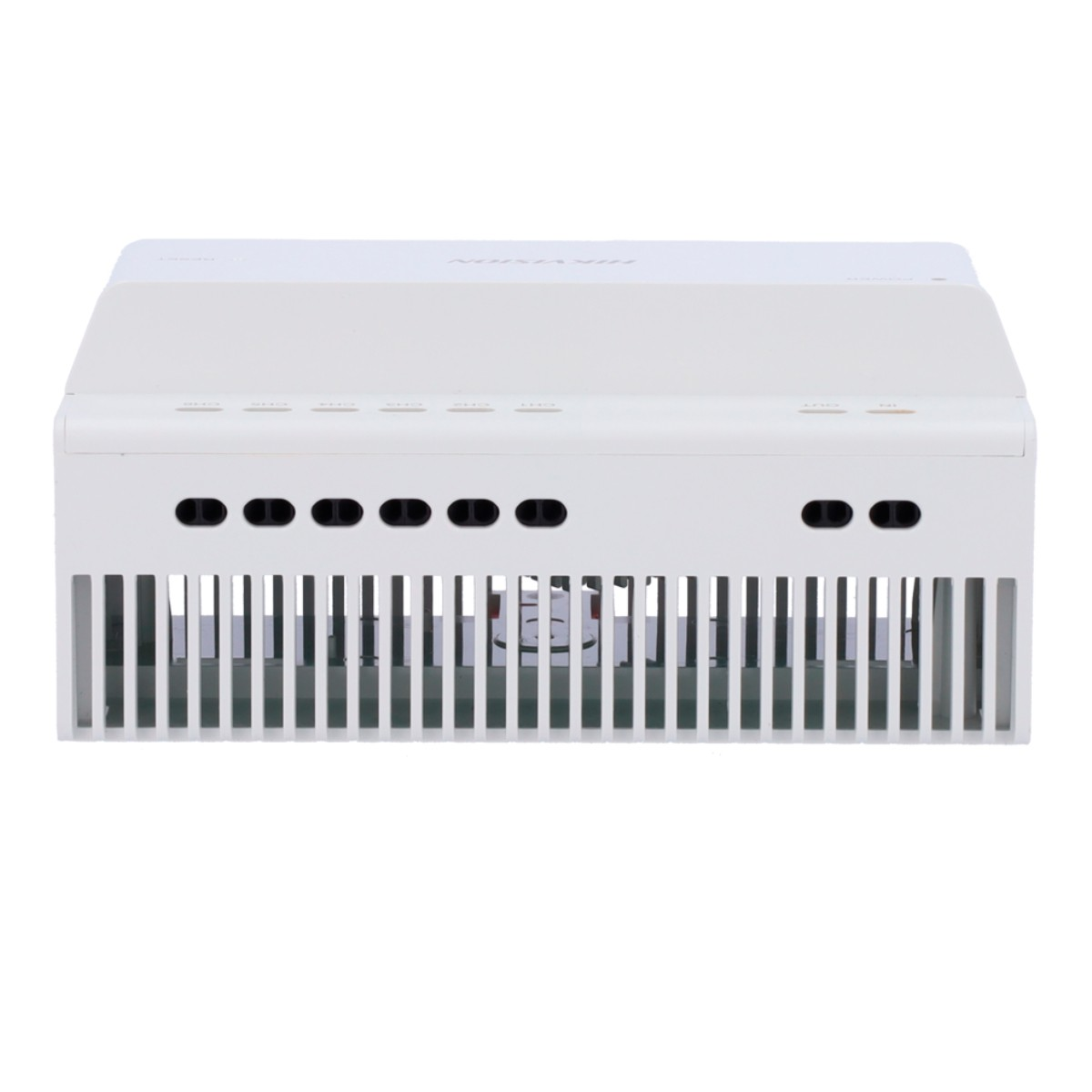 Dispositivo Hikvision bianco con fessure di ventilazione e porte frontali.
