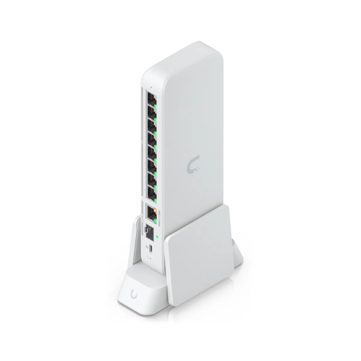Uno switch di rete bianco con otto porte e un supporto.
