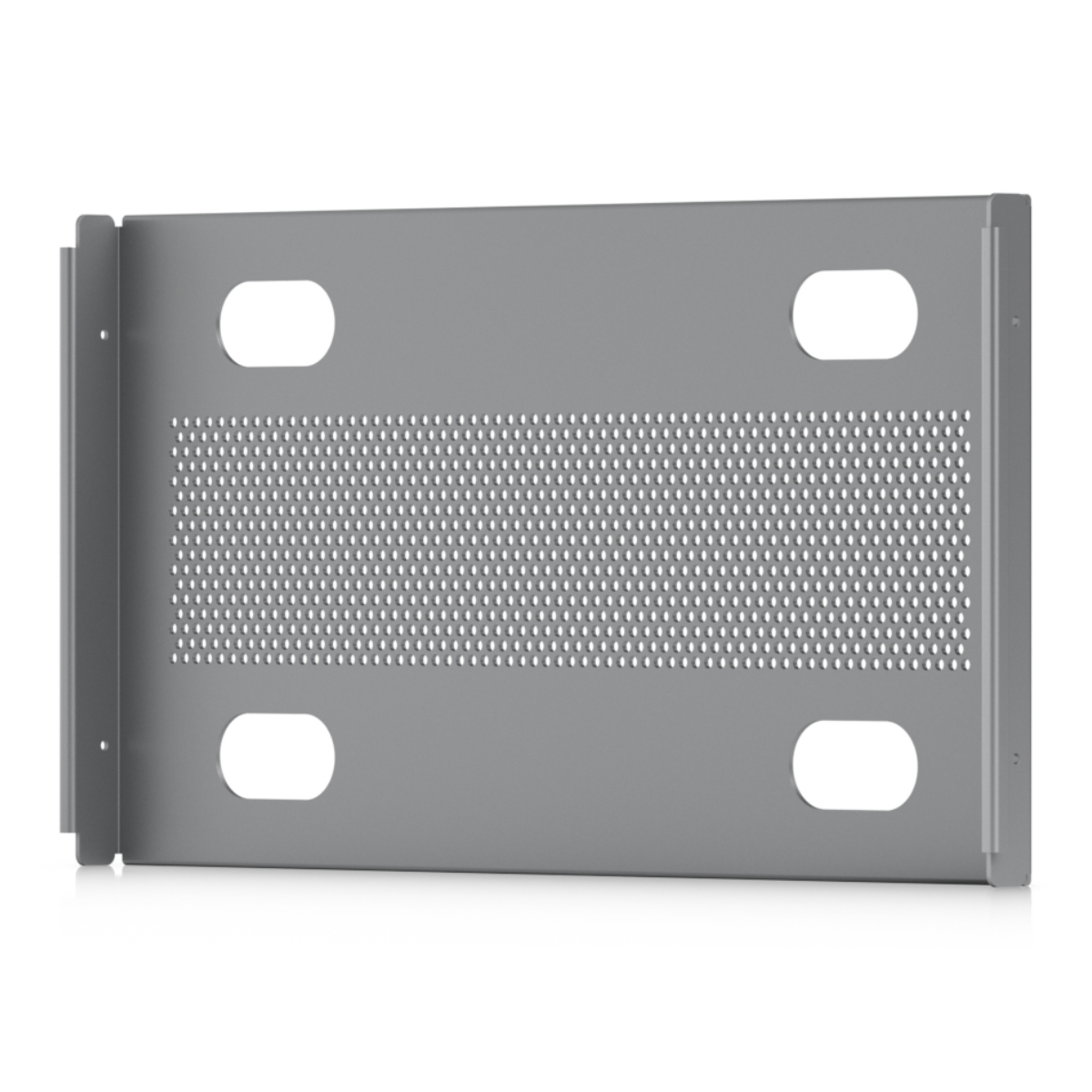 Telaio metallico grigio con fessure di ventilazione e ritagli ovali.