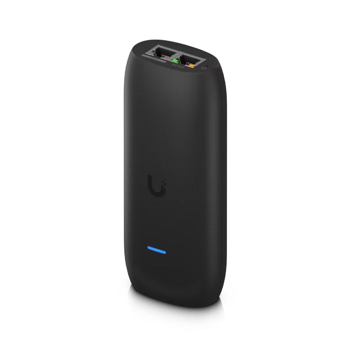 Un dispositivo nero, oblungo con bordi arrotondati e due porte Ethernet in alto.