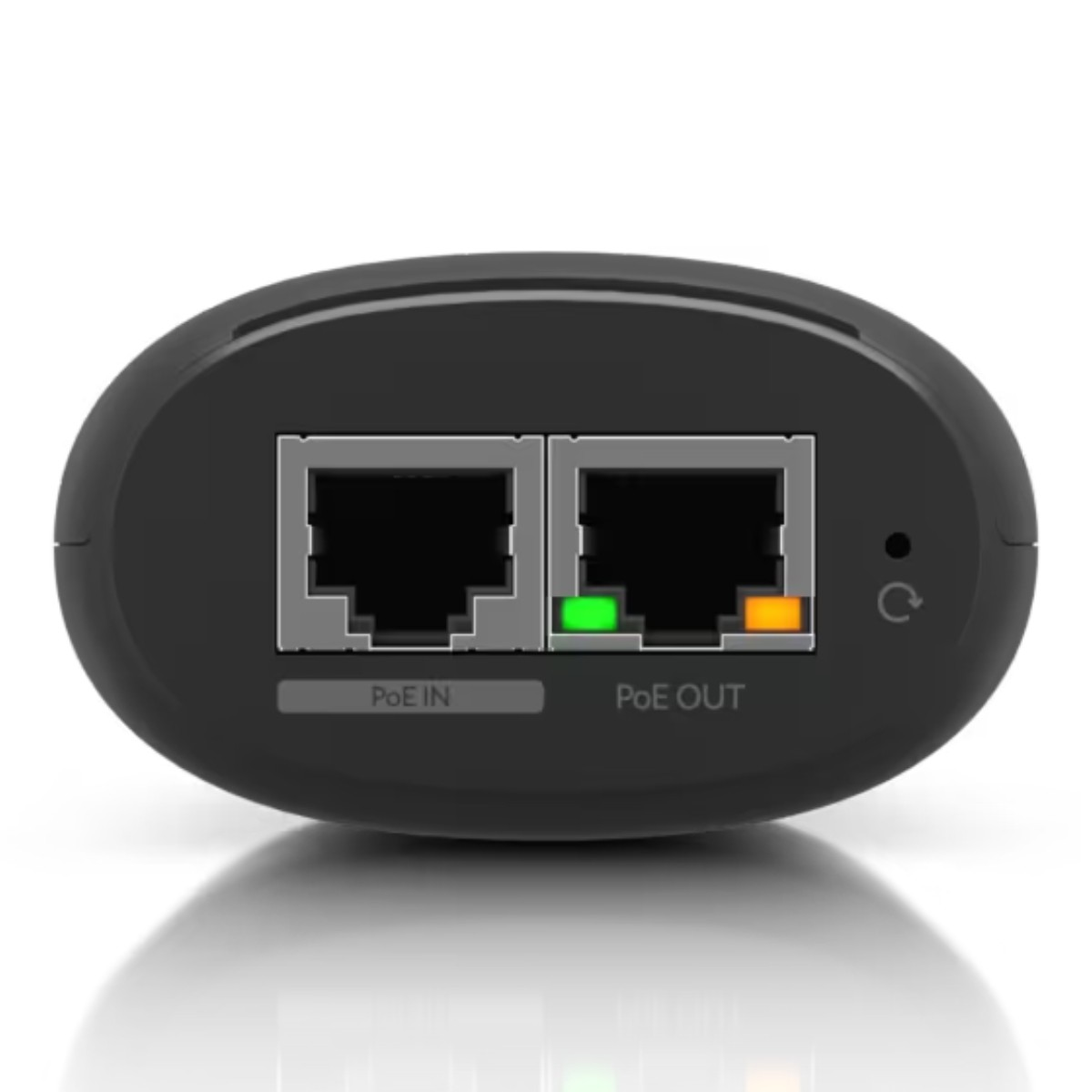 Un iniettore PoE nero con due porte Ethernet e luci di stato.