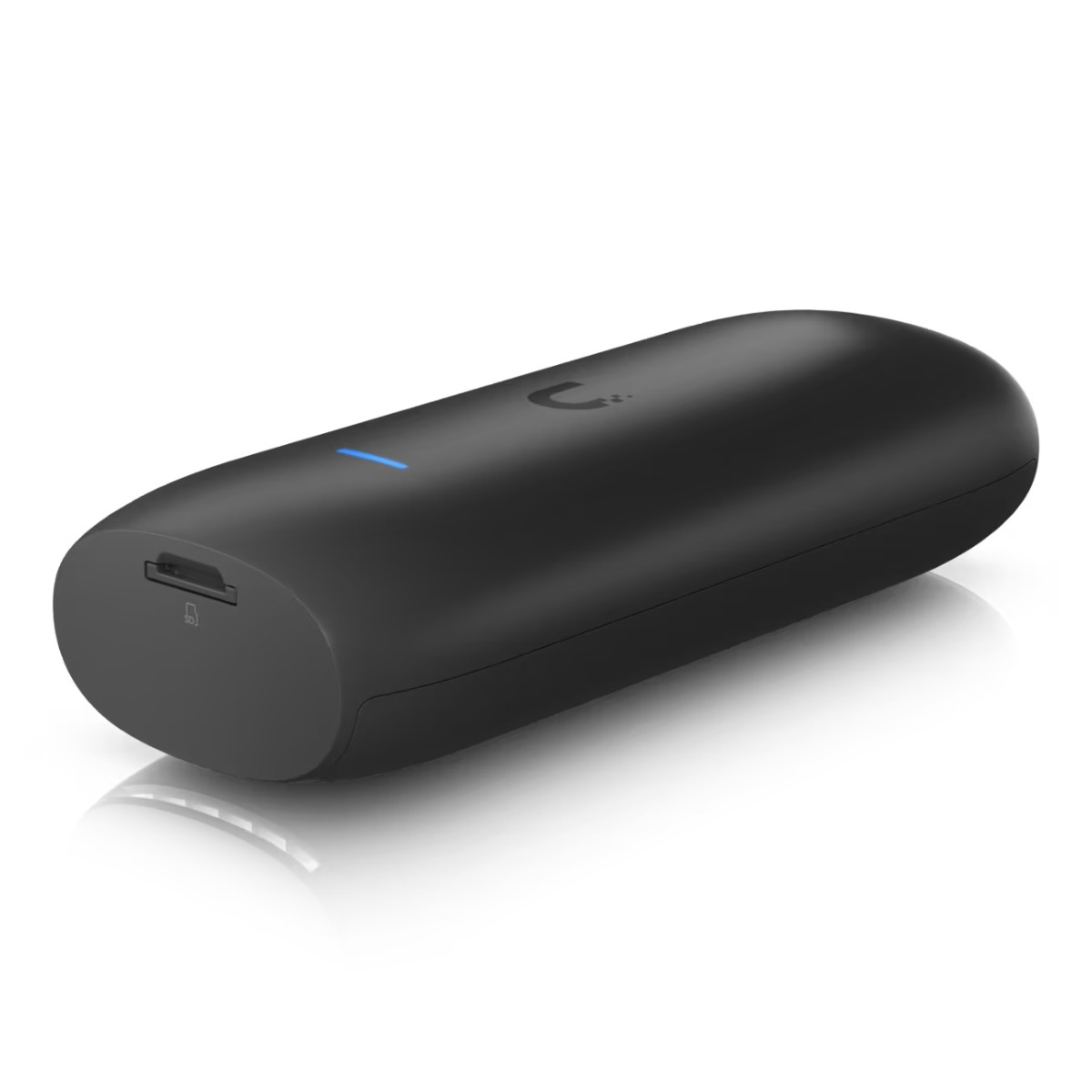 Dispositivo nero a forma di pillola con LED blu e porta USB.