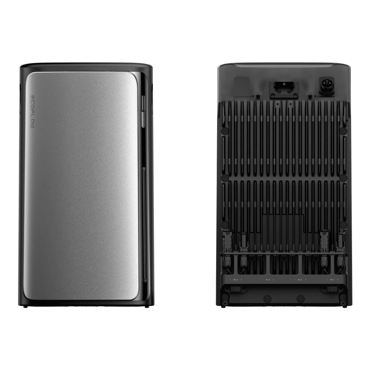 Vista anteriore e posteriore di una centrale elettrica portatile argento e nera con porte sul retro.
