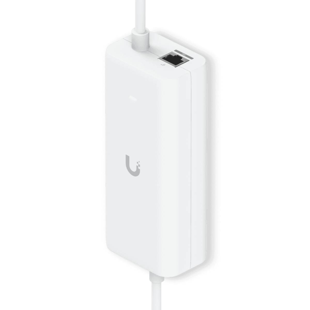 Un alimentatore bianco con logo grigio e due porte in alto, collegato da cavi bianchi.