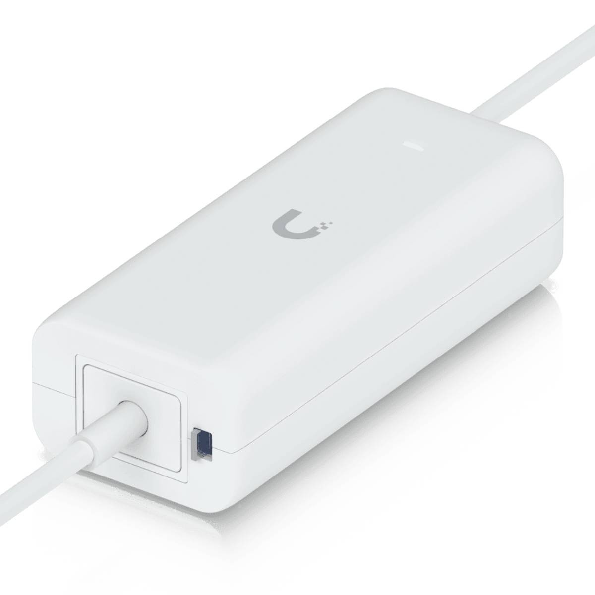 Adattatore POE bianco con porta ethernet blu e un connettore.