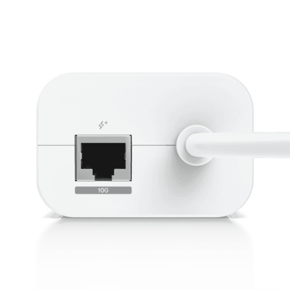 Un dispositivo bianco con porta Ethernet e cavo. Vista ravvicinata.