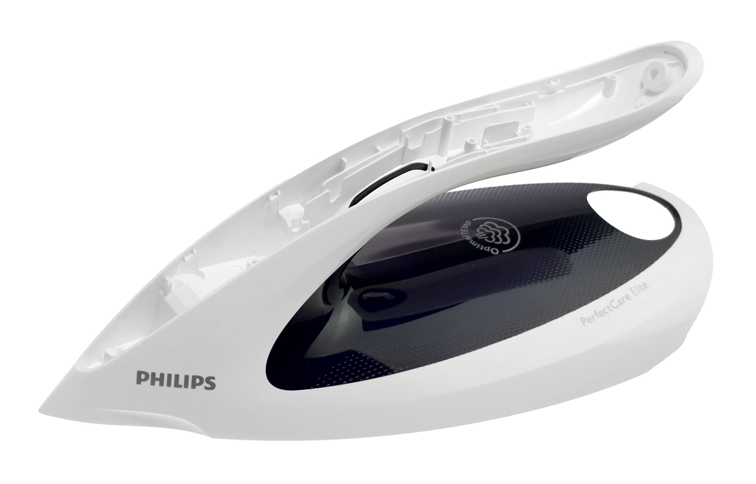 Weißes Philips-Bügeleisen mit abgetrennter weißer Oberhaube und dunkelblauem Sockel.