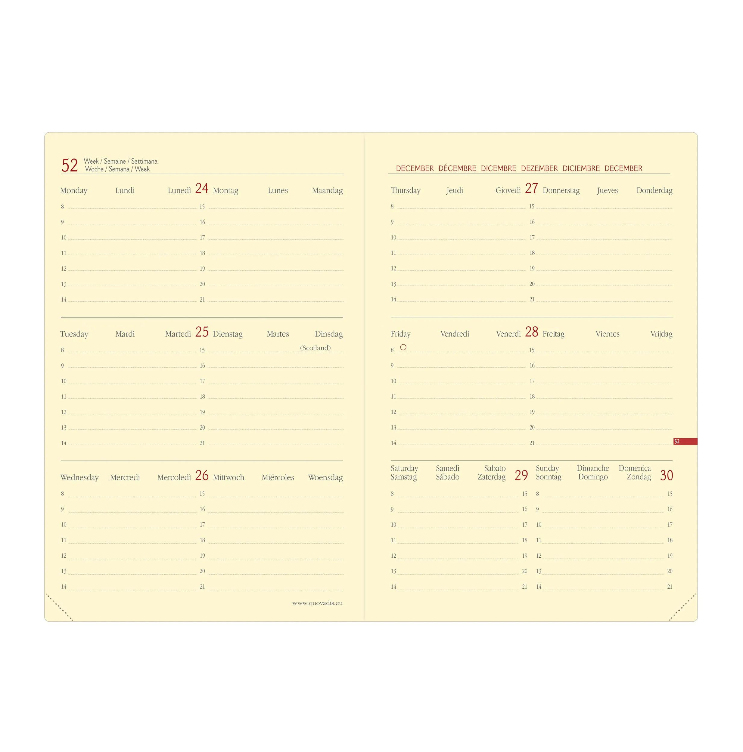 Una página de calendario que muestra días y franjas horarias en varios idiomas, incluido el español.