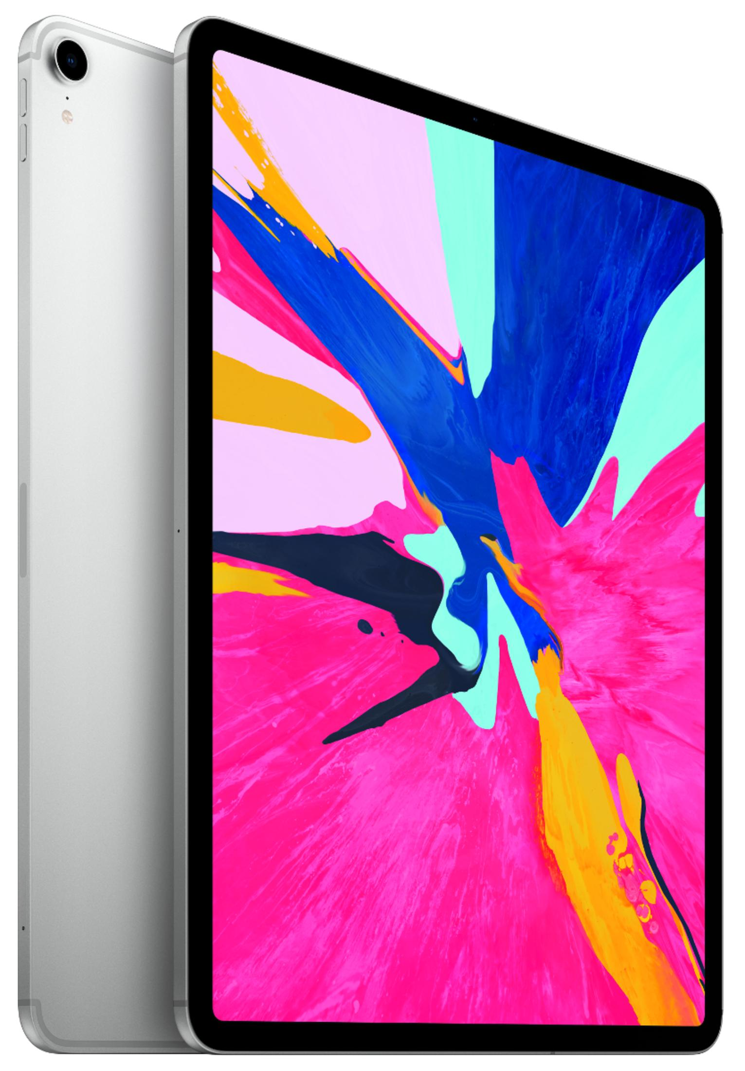Un iPad Pro argentato con uno sfondo astratto e colorato sullo schermo.