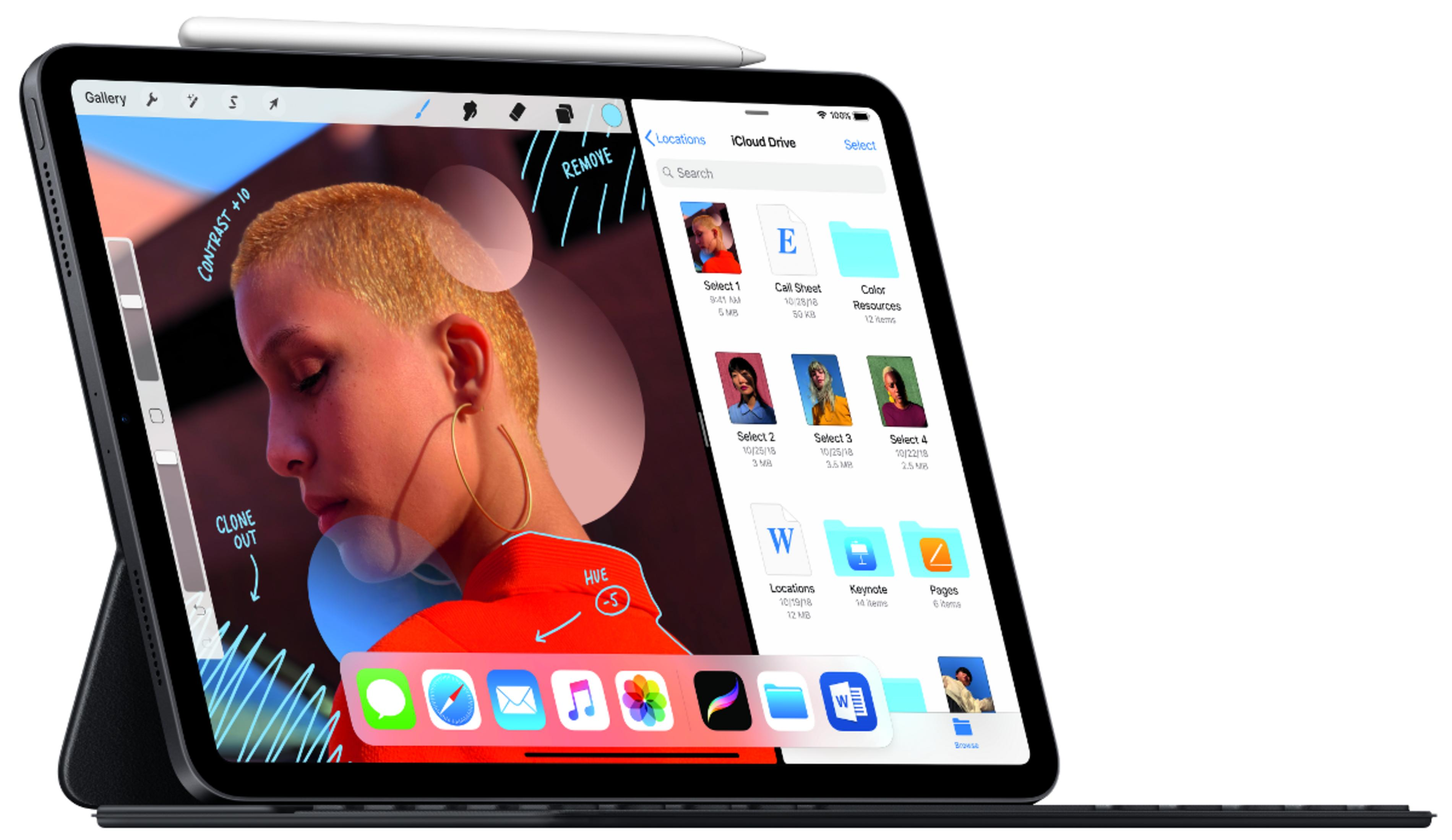 Ein iPad Pro mit einem Stift zeigt eine Bearbeitungs-App mit einer Person und iCloud Drive.