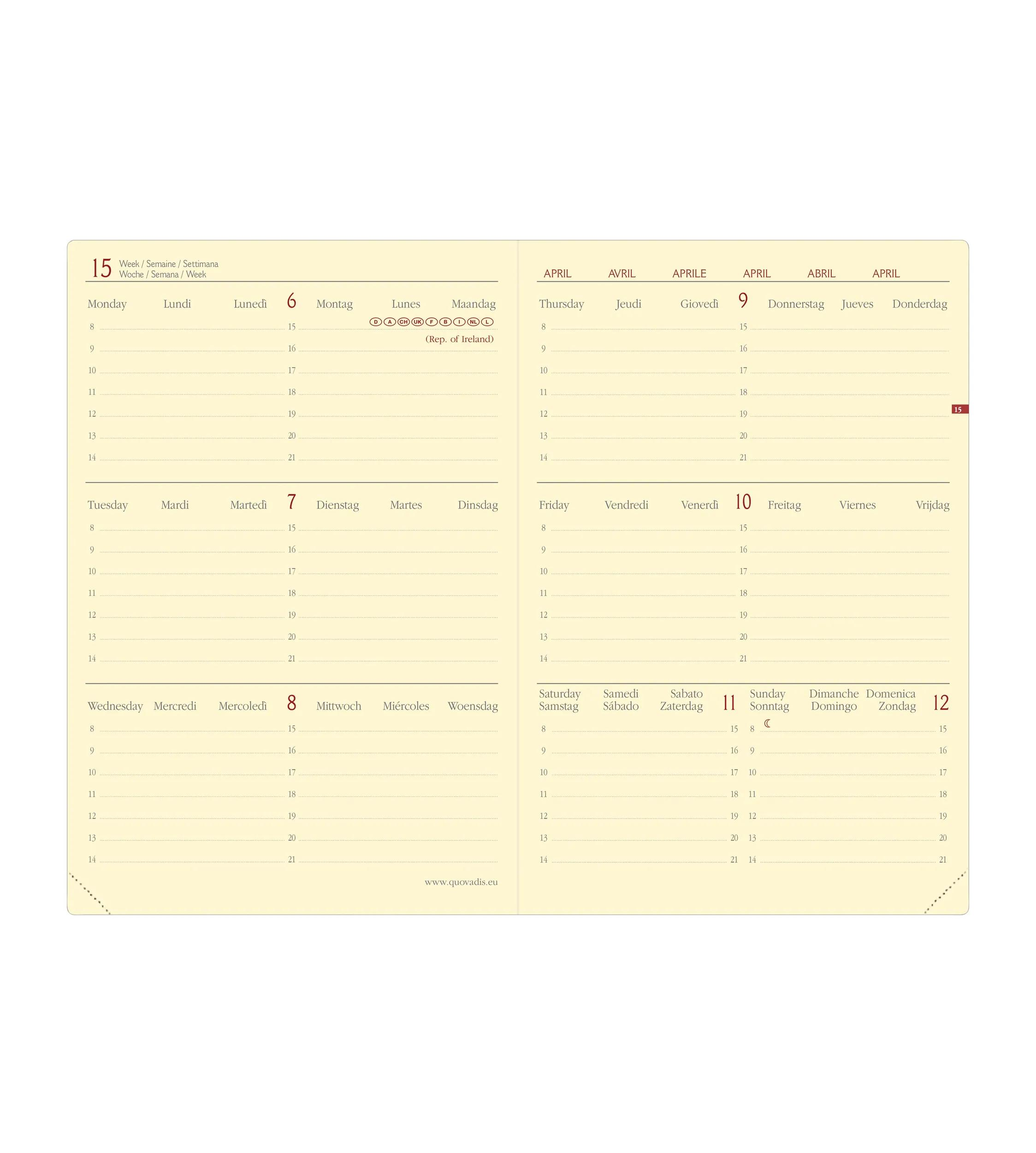 Página de calendario de abril con días de la semana y campos de fecha del 8 al 14.