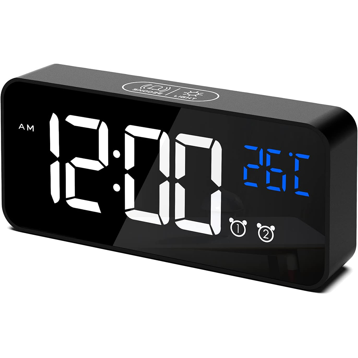 Schwarzer Digitalwecker zeigt 12:00 Uhr morgens und 26°C. Schlummer- und Lichttasten oben.